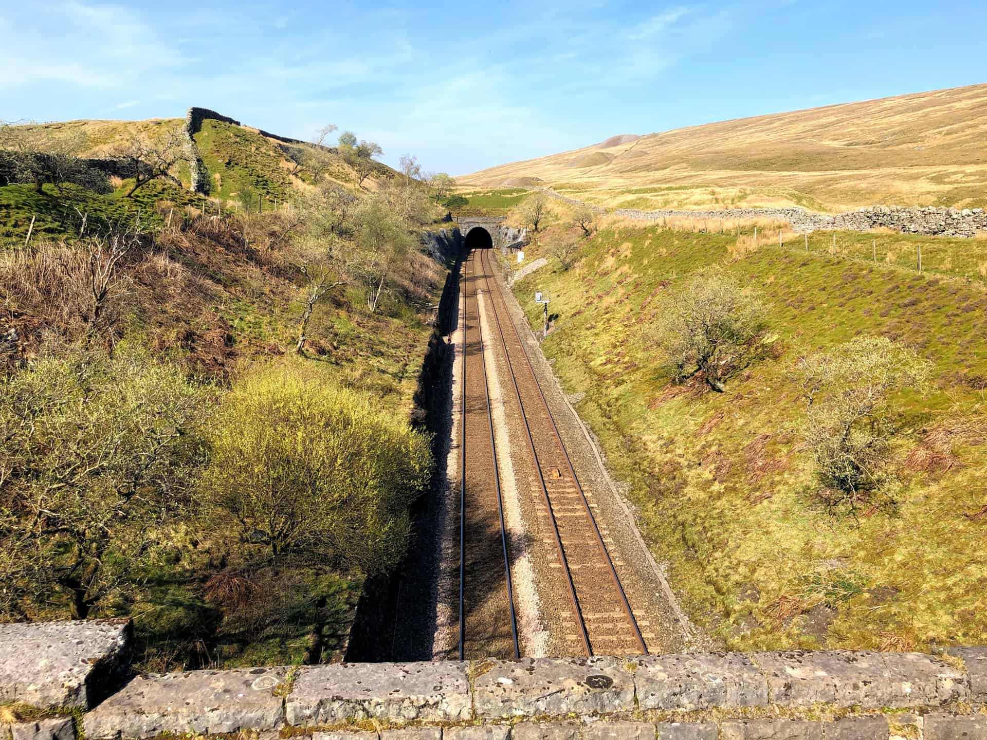 The Settle to Carlisle railway line entering the southern end of Bleamoor Tunnel.