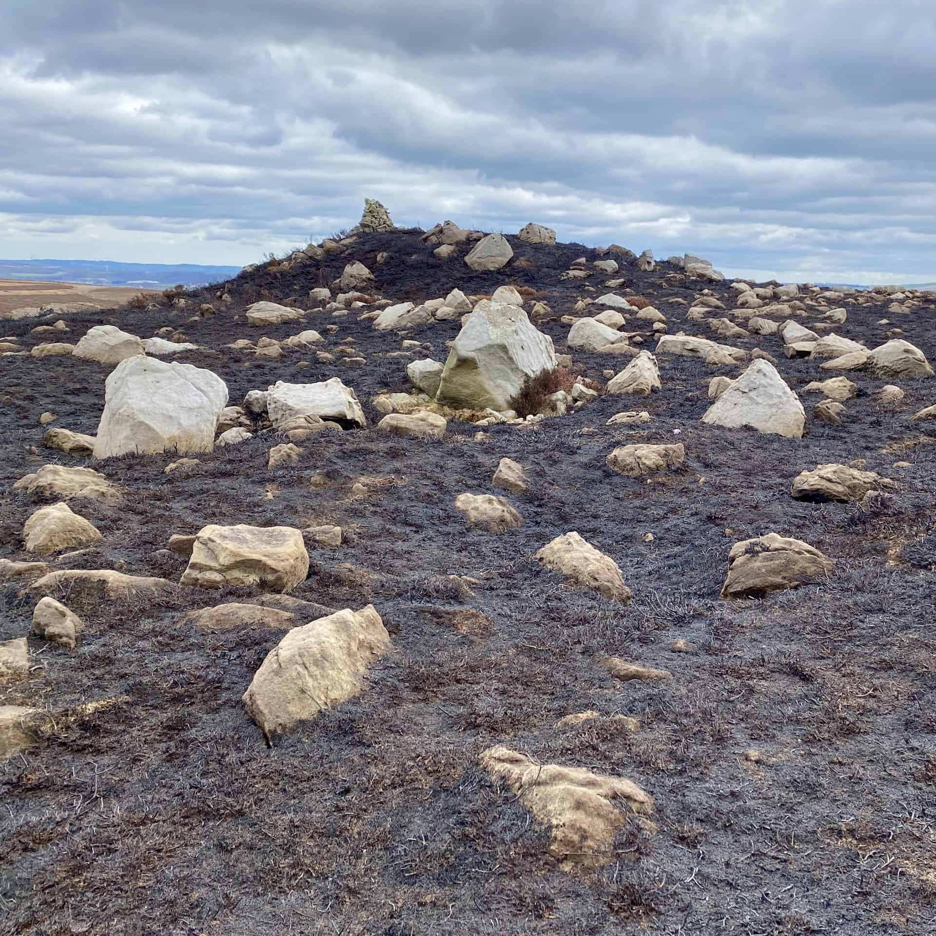 Stony Hill, looking like a moonscape because of the surrounding burnt heather. Managed heather burning normally takes place over the winter and in early spring when there are no birds nesting on the ground and the soil is generally wet.