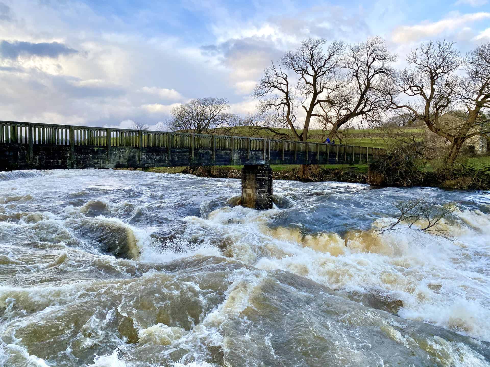 The River Wharfe at Linton Falls, seen by Selina Scott in BBC Winter Walks S1E1.