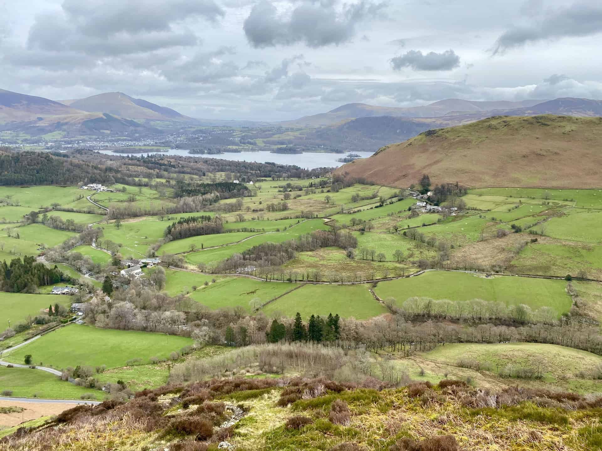 The view north-east from the flanks of Rowling End across the Newlands valley towards Derwent Water.
