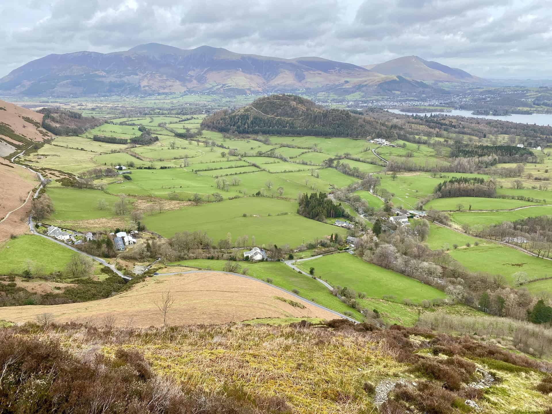 The view north from the slopes of Rowling End towards the Skiddaw range of mountains.