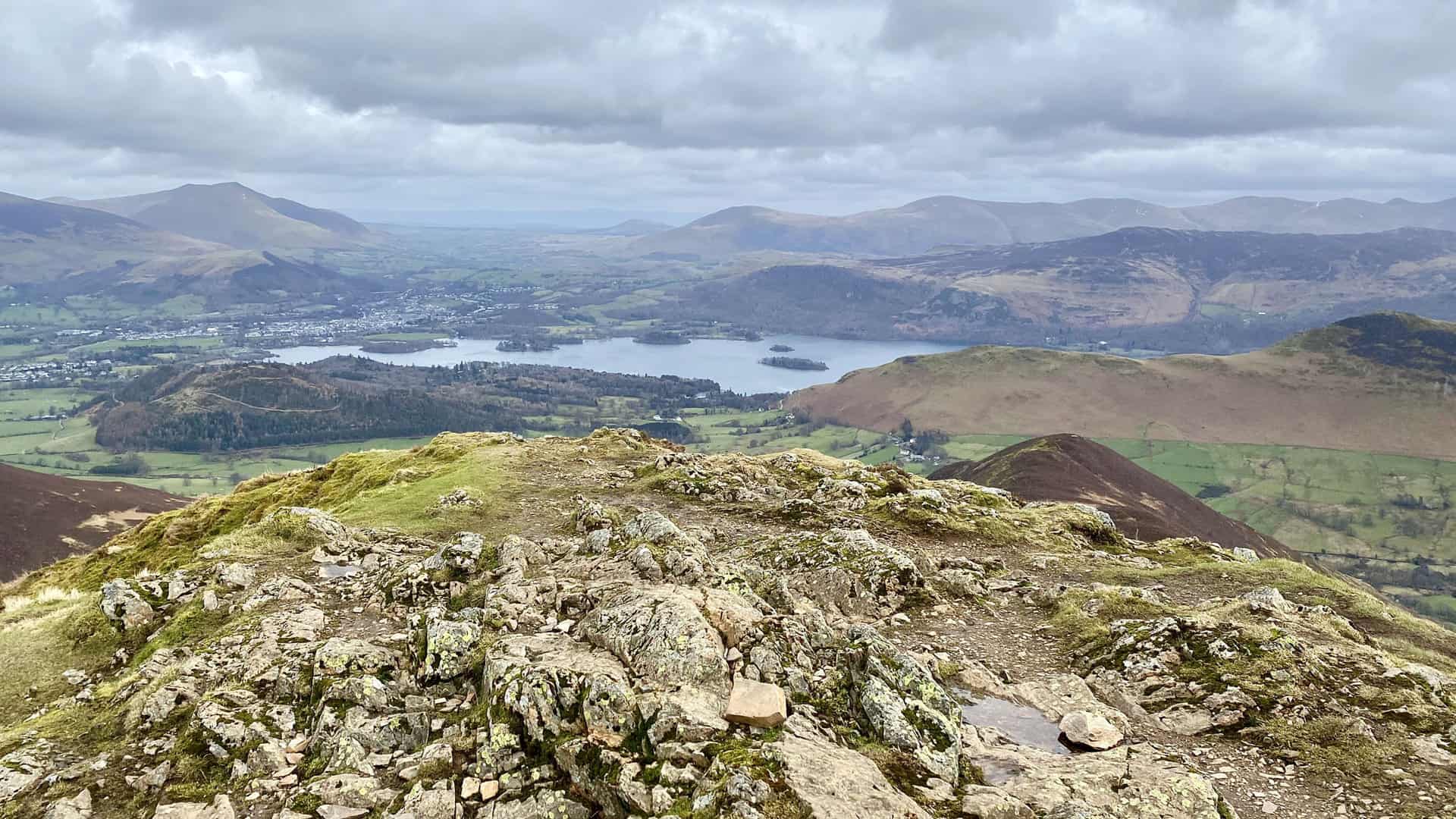 Derwent Water and Keswick as seen from the summit of Causey Pike, height 637 metres (2090 feet).