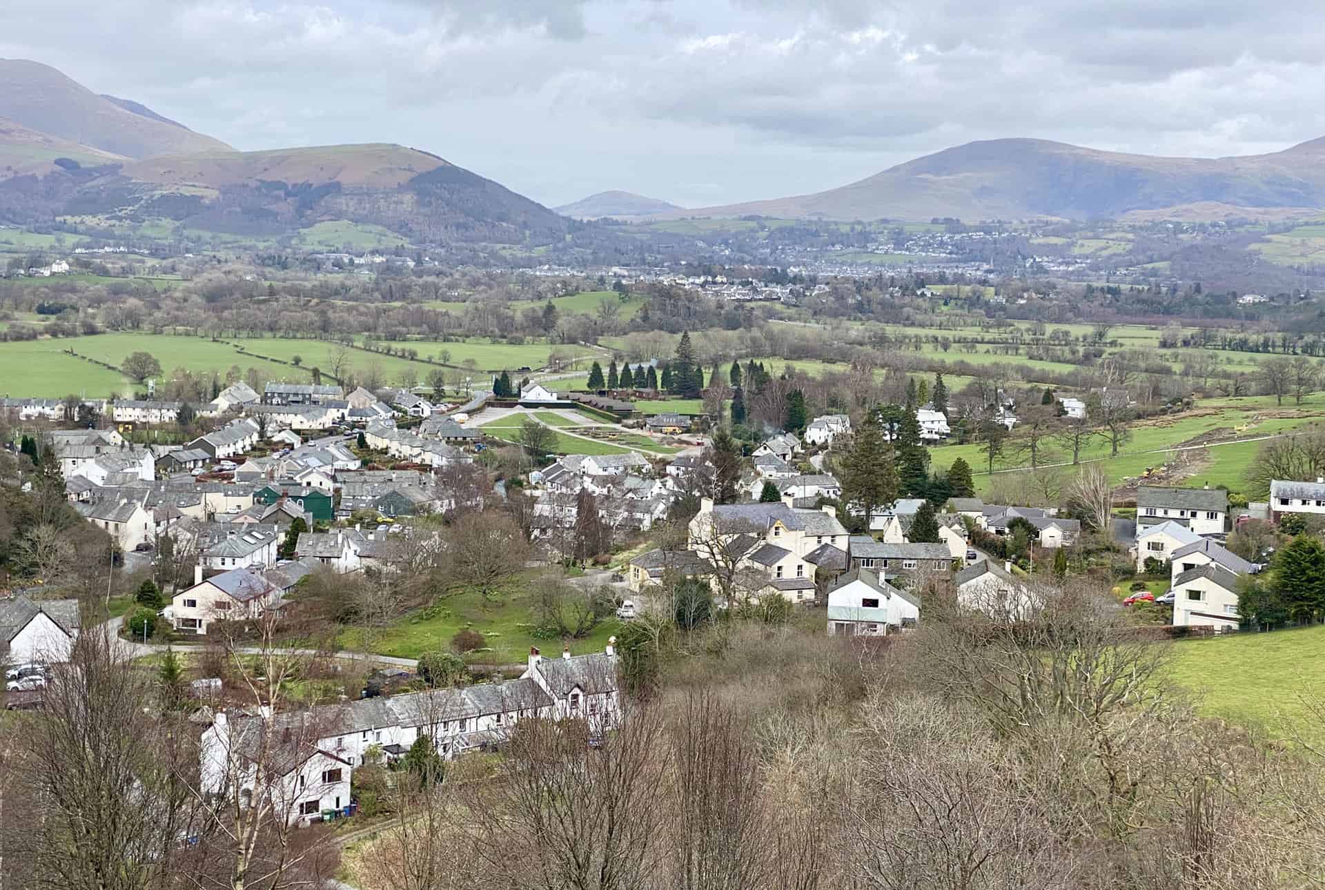 The village of Braithwaite at the end of the Causey Pike walk, with Portinscale and Keswick in the background.
