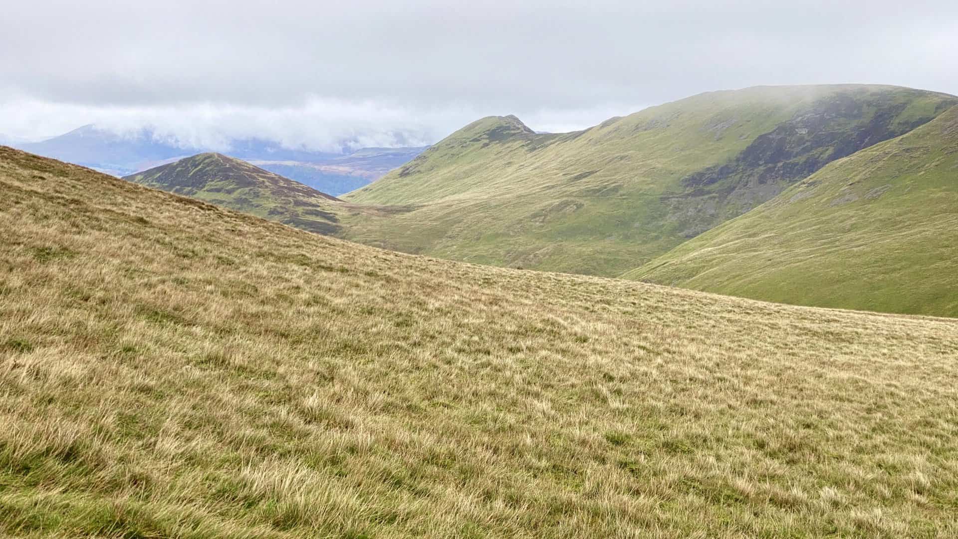 Looking east from Coledale Hause. The pointed peaks are Causey Pike (right) and Outerside (left).