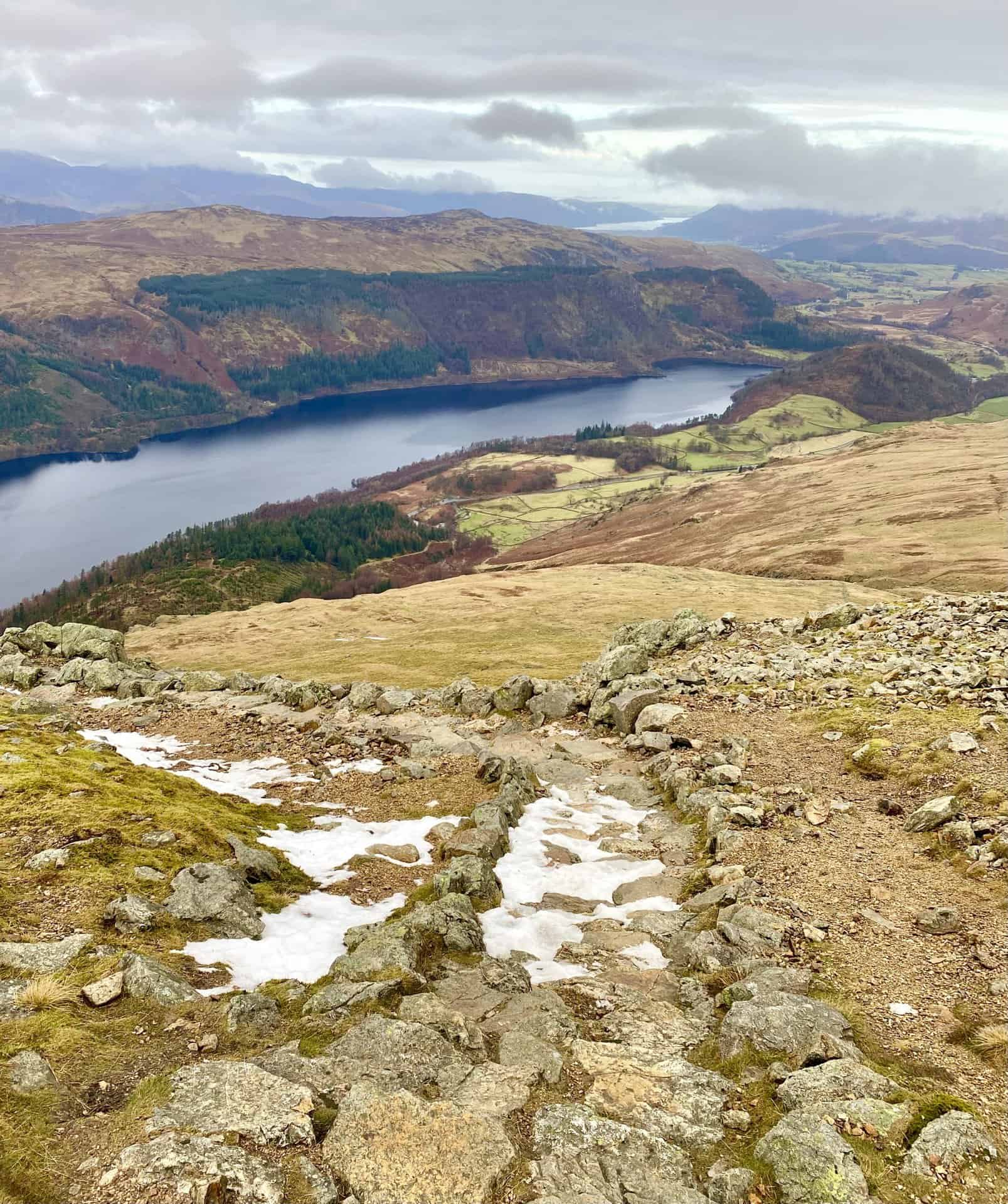 The view of Thirlmere (Reservoir) from the Browncove Crags area. Bassenthwaite Lake is visible in the distance at this point in the Helvellyn walk from Thirlmere.