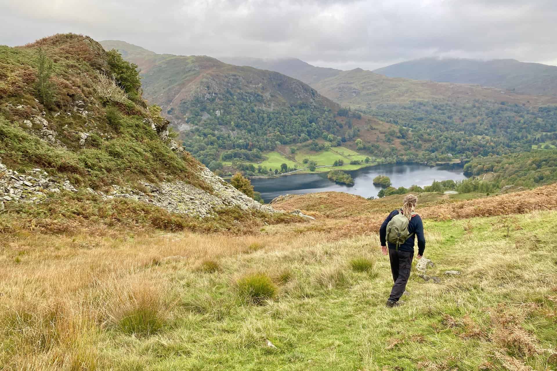 One of the paths off Loughrigg Fell on the east side of Ewe Crag. The lake at the bottom is Rydal Water, home to Heron Island (left) and Little Isle (right).