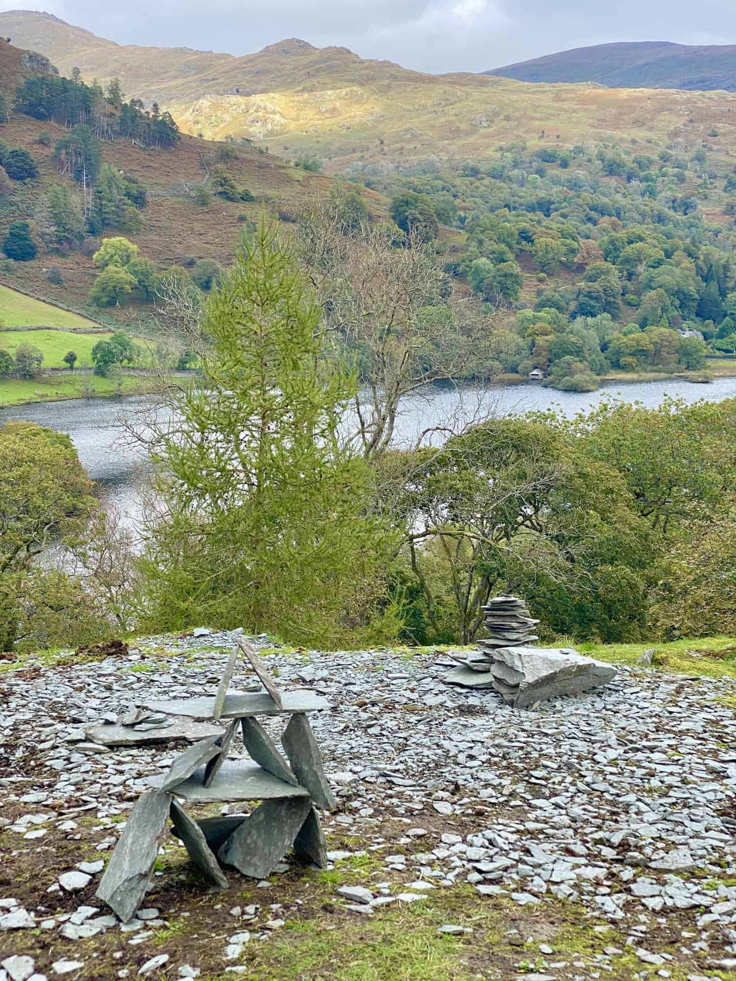 Two of several small slate statues built near the Rydal Cave entrance. Kevin gets a picture from an unusual angle.