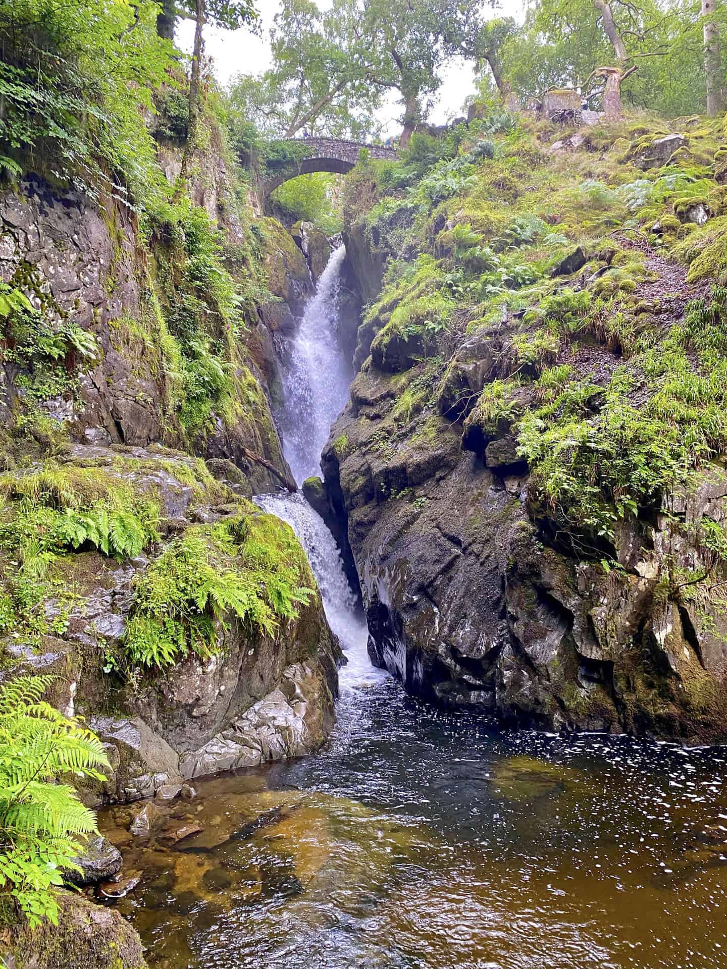 Aira Beck drops approximately 20 metres down a steep-sided ravine into a rocky plunge pool before continuing its journey to Ullswater.