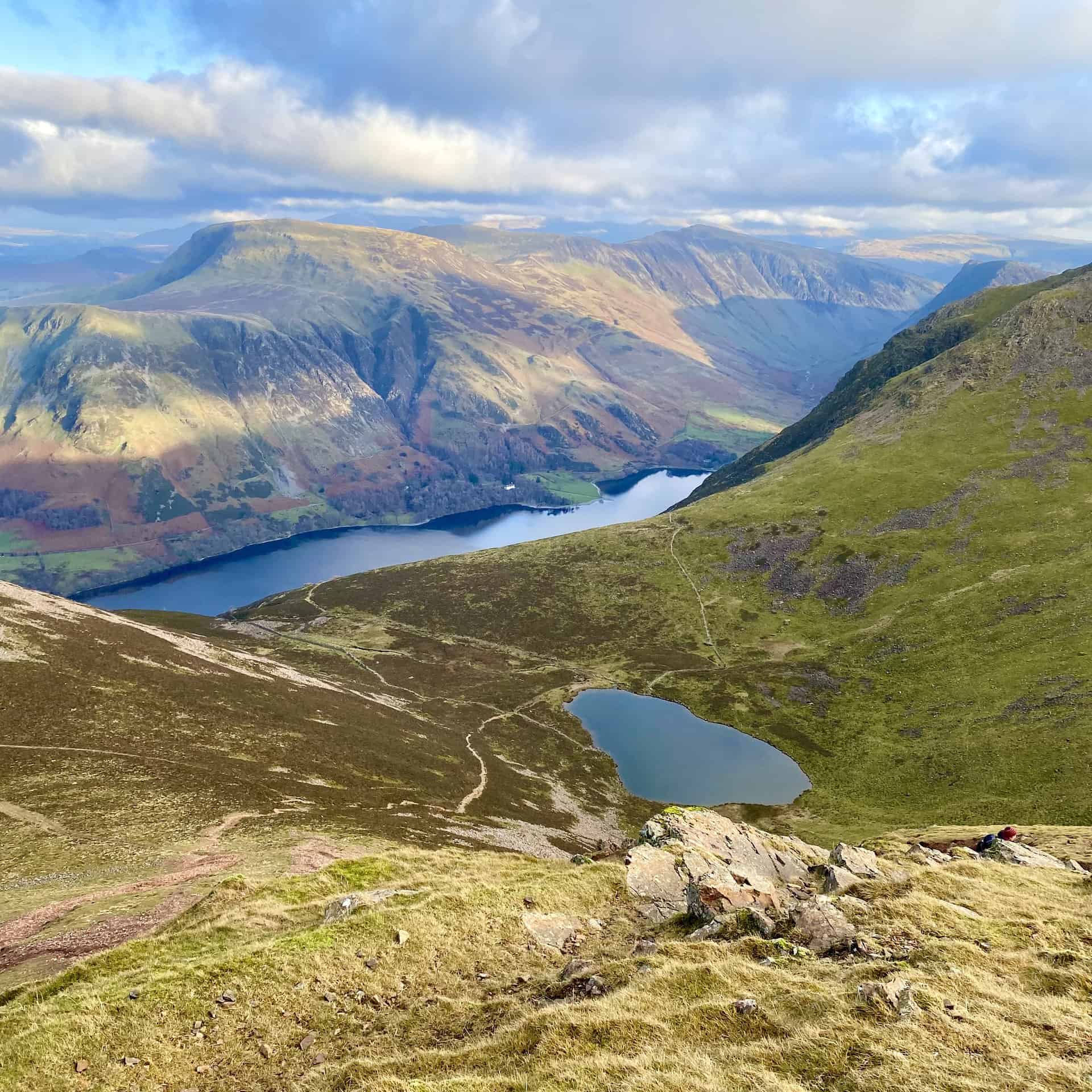 The view down to Bleaberry Tarn and Buttermere from the Red Pike summit, height 755 metres (2477 feet). Red Pike is the first of the three mountains encountered on this High Stile walk.