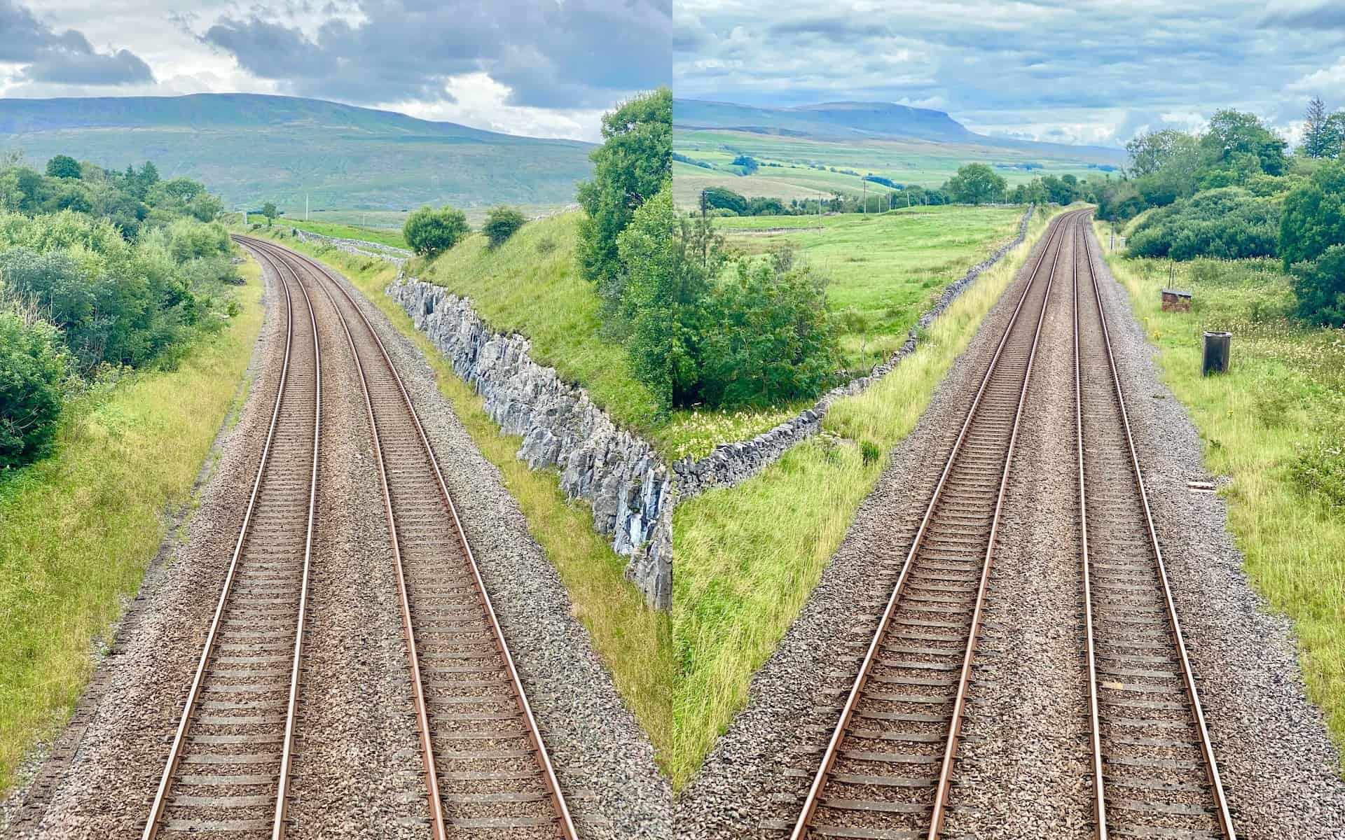 A lovely bridge connects Gauber Road and Colt Park, crossing the Settle to Carlisle Railway in the Yorkshire Dales. When looking north-west, the line directs one's gaze towards the majestic mountain of Whernside. Conversely, looking south-east leads the eye to the striking mountain of Pen-y-ghent.
