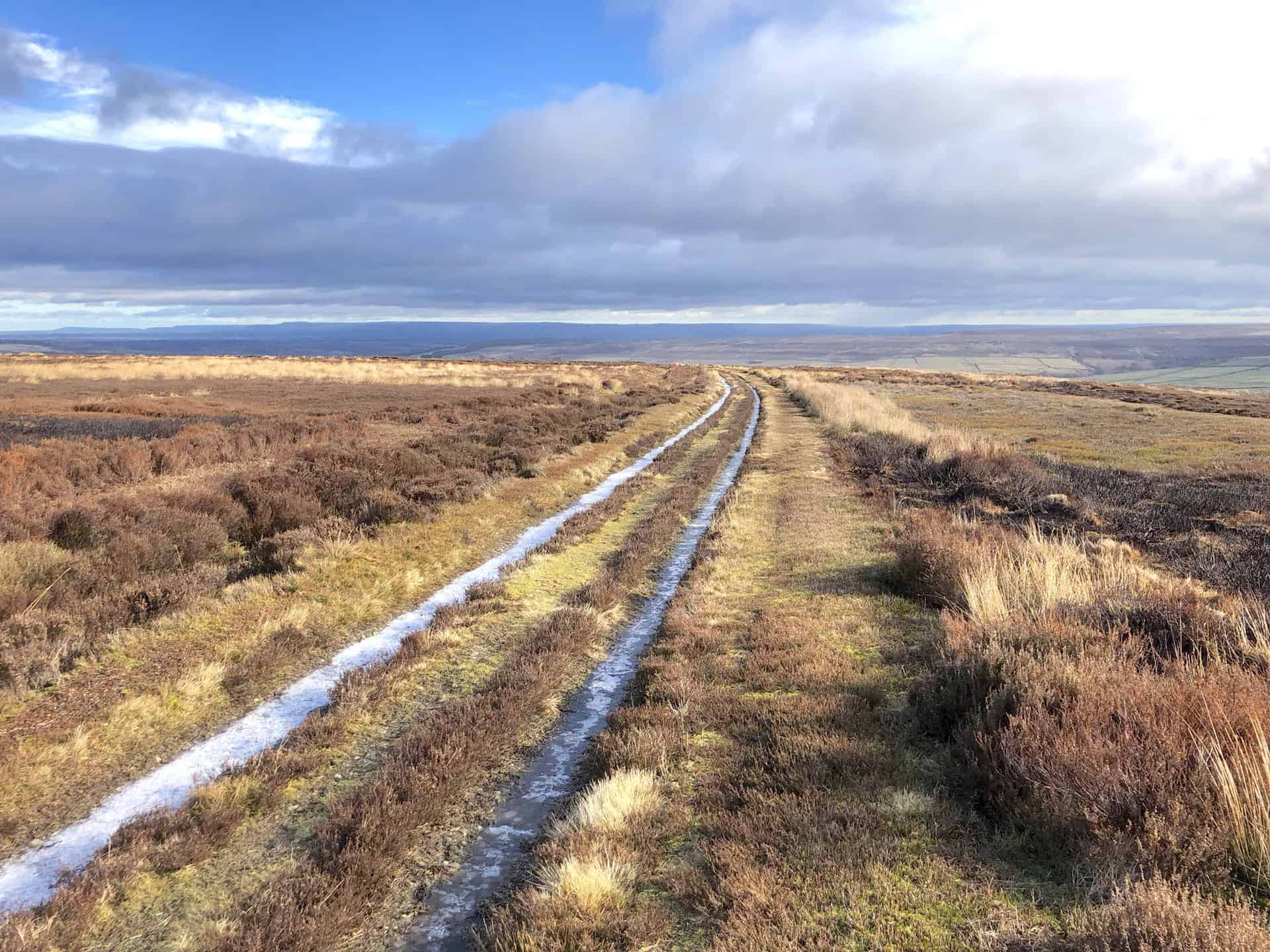 The path across Pott Moor, about one-third of the way round the Leighton Reservoir walk.