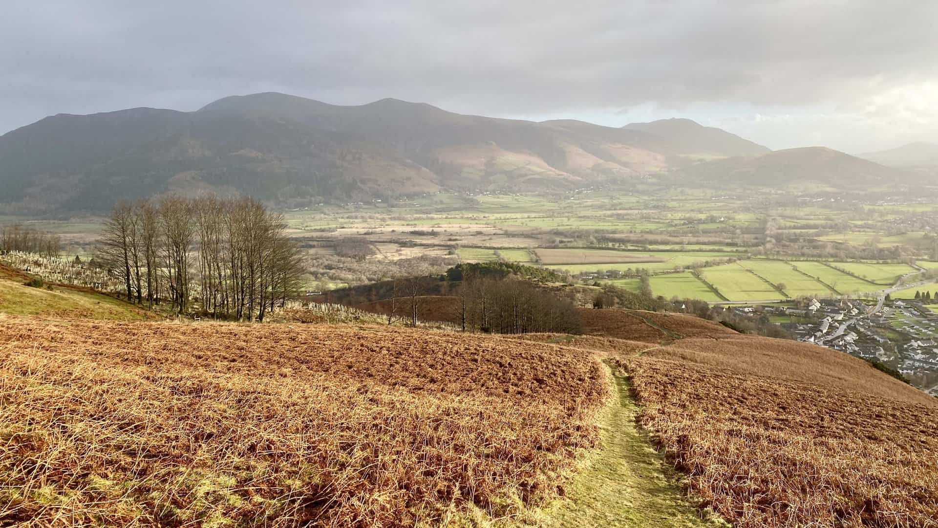 Looking back at the Skiddaw range of mountains to the north-east. The smaller hill on the far right is Latrigg which overlooks Keswick.