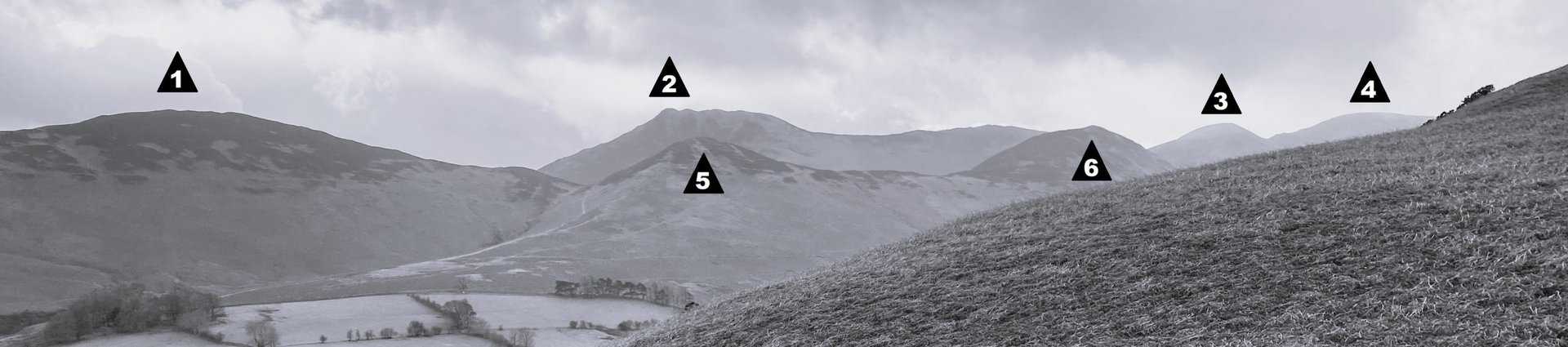Key: 1 Barrow; 2 Causey Pike; 3 Sail; 4 Crag Hill; 5 Stile End; 6 Outerside.