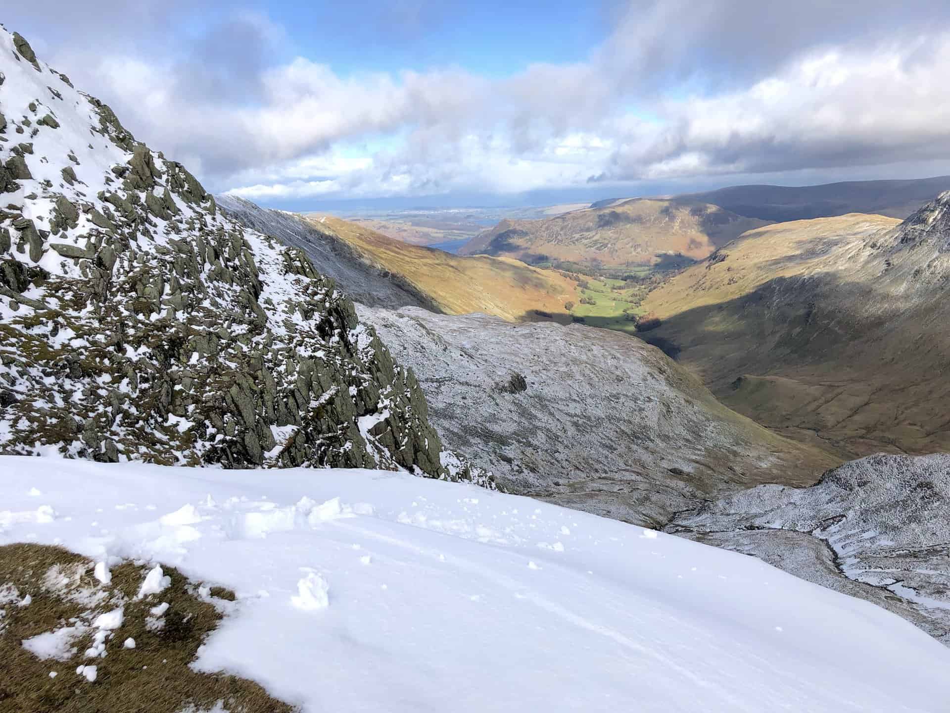 The panorama from Dollywaggon Pike, a spectacular point overlooking Grisedale towards Patterdale and Ullswater.