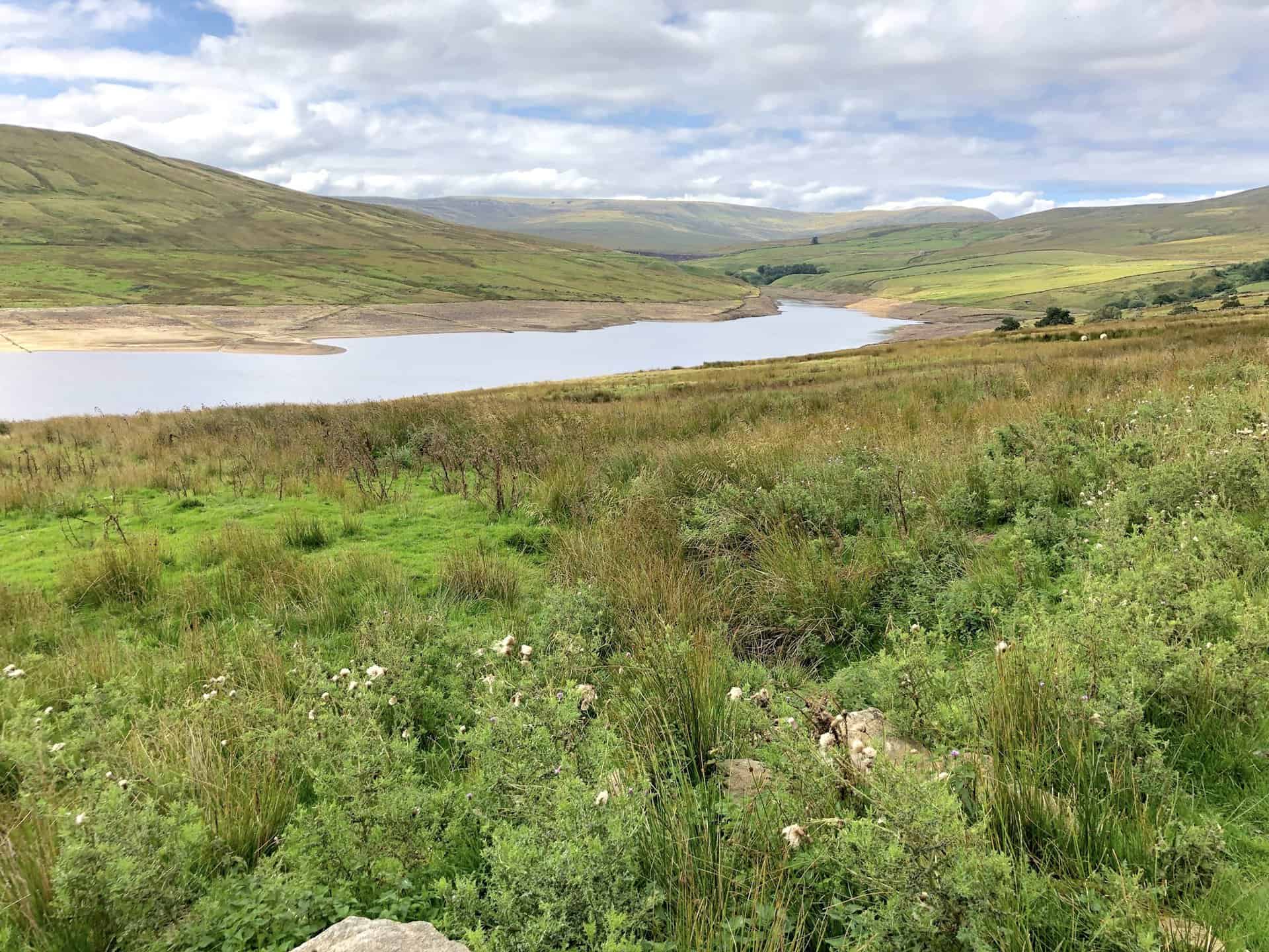 The western end of Scar House Reservoir, with Great Whernside in the background. The halfway point of this Nidderdale Way walk.