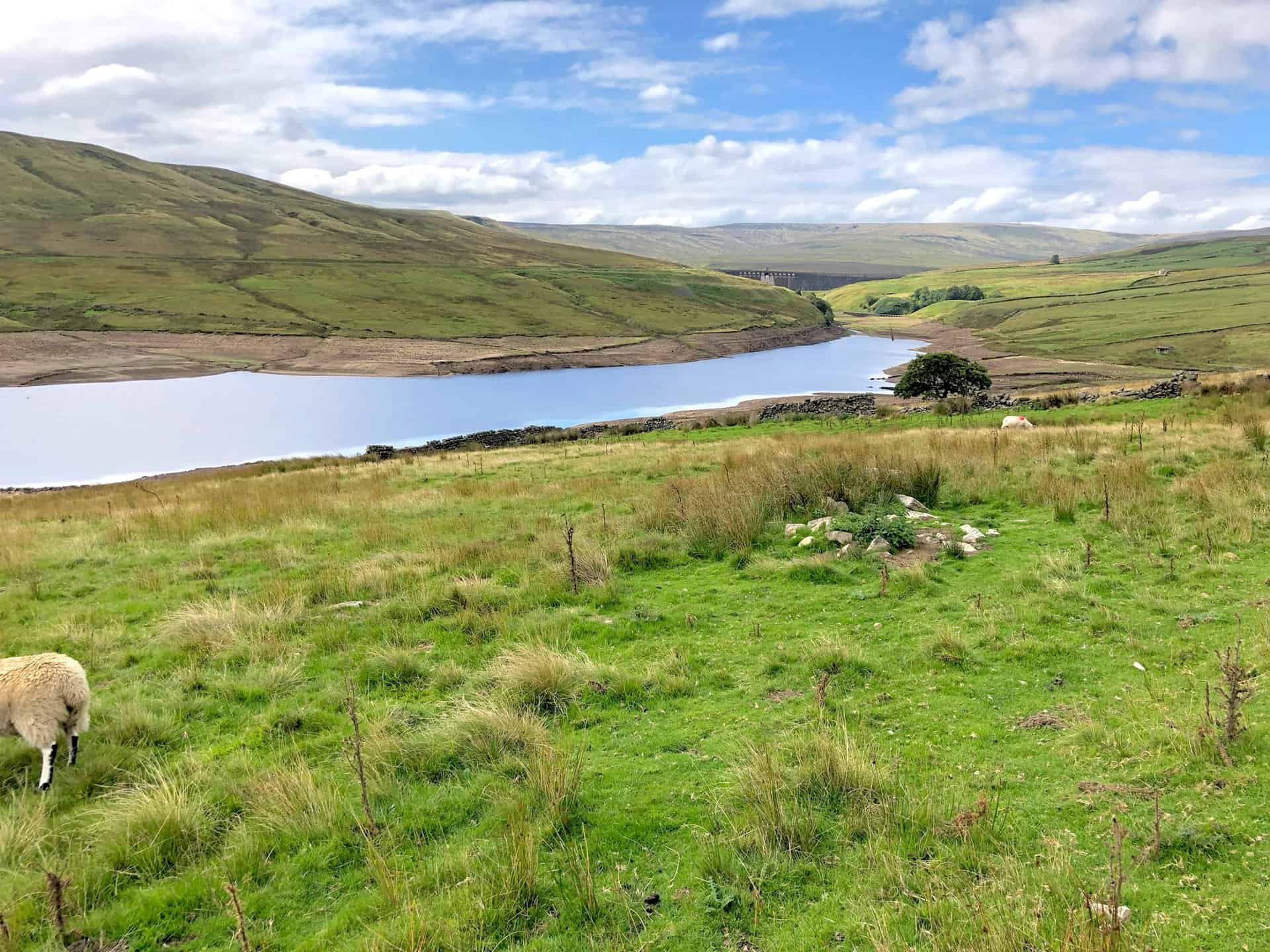 The western end of Scar House Reservoir, with Great Whernside in the background. The halfway point of this Nidderdale Way walk.