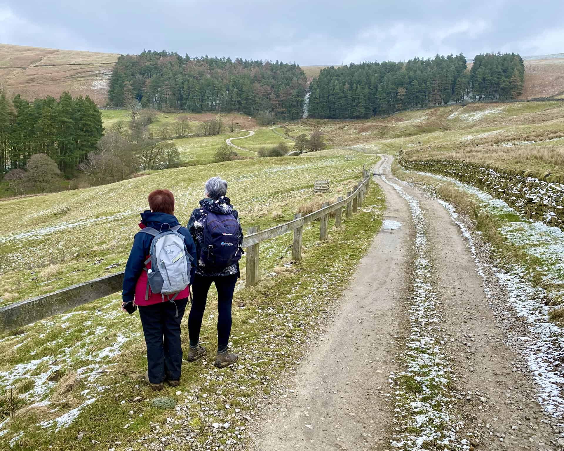 Captivating views just north of Thwaite House on our Scar House Reservoir walk, with Angy and Sandra relishing the landscape.