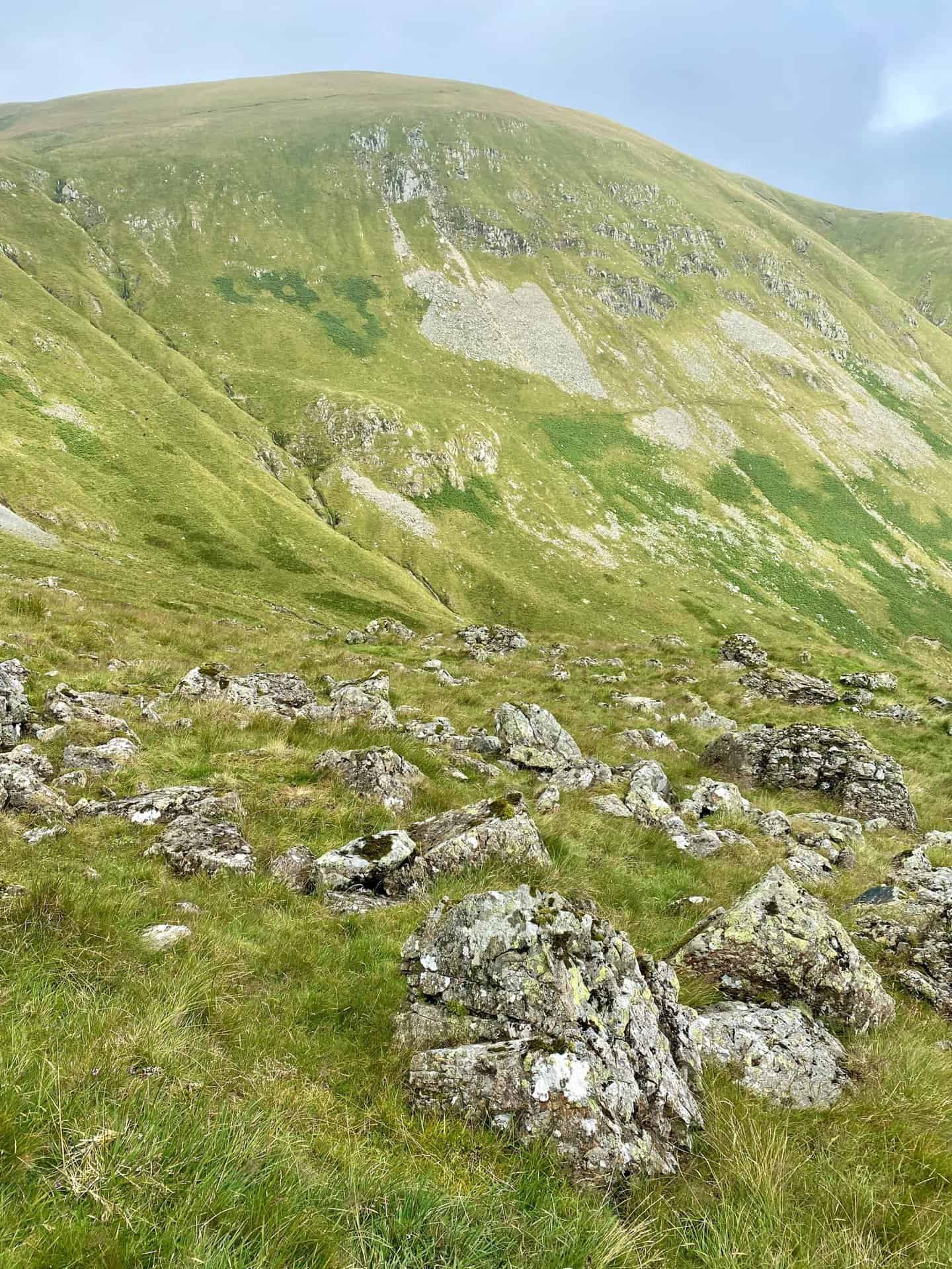The view back to Scot Crag on the steep southern slopes of Hart Side. The path we had walked along can be seen about half way down the mountainside.
