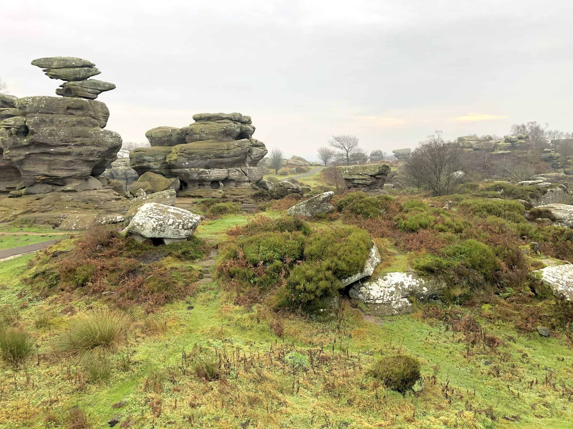 Brimham Rocks in North Yorkshire, notable for their balancing rock formations, standing at nearly 30 feet and situated within the Nidderdale Area of Outstanding Natural Beauty. This is about halfway round this particular Brimham Rocks walk.