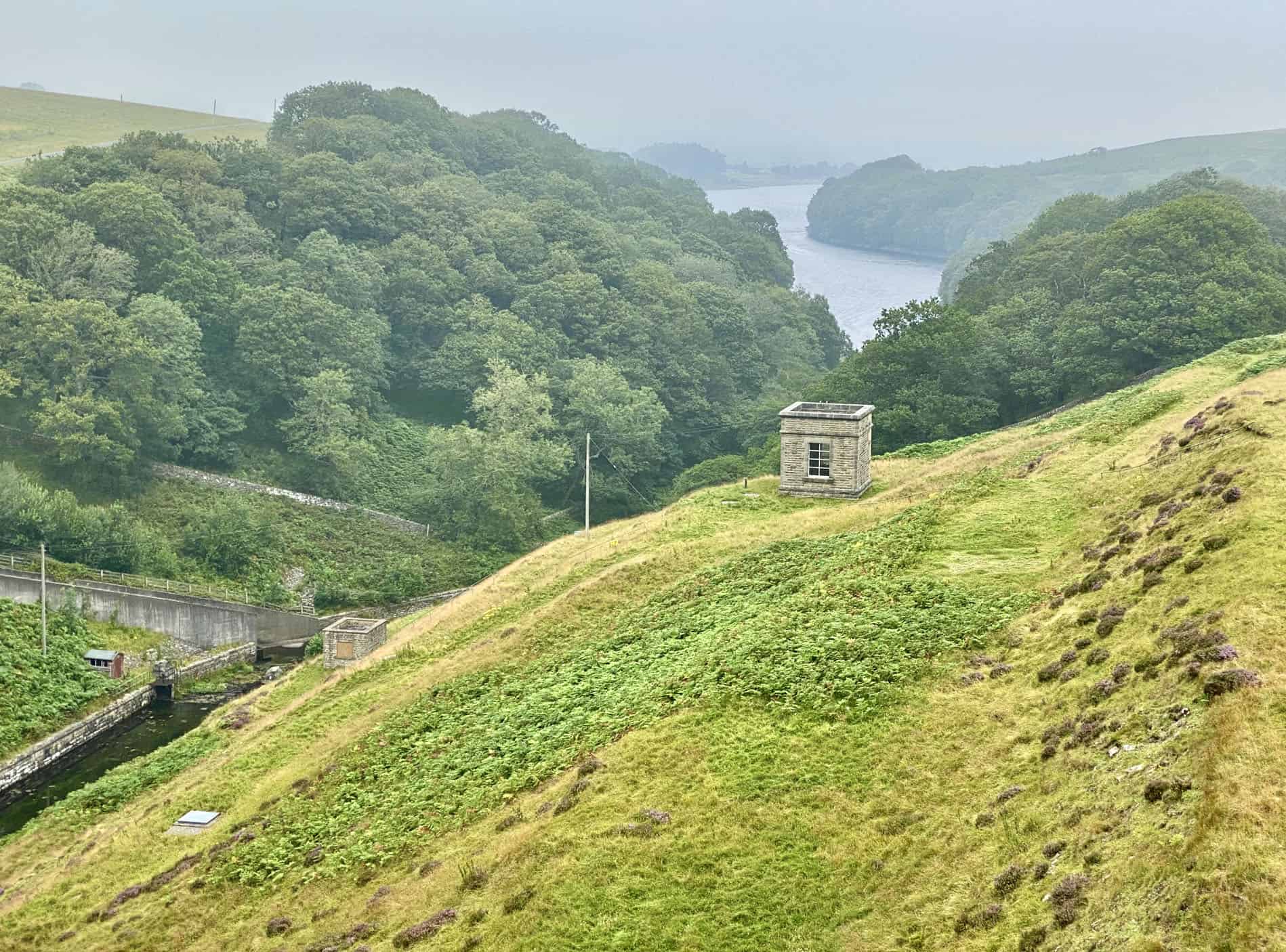 Panoramic north-east view from Roundhill Reservoir dam towards Leighton Reservoir, a segment of the Druid's Temple walk.