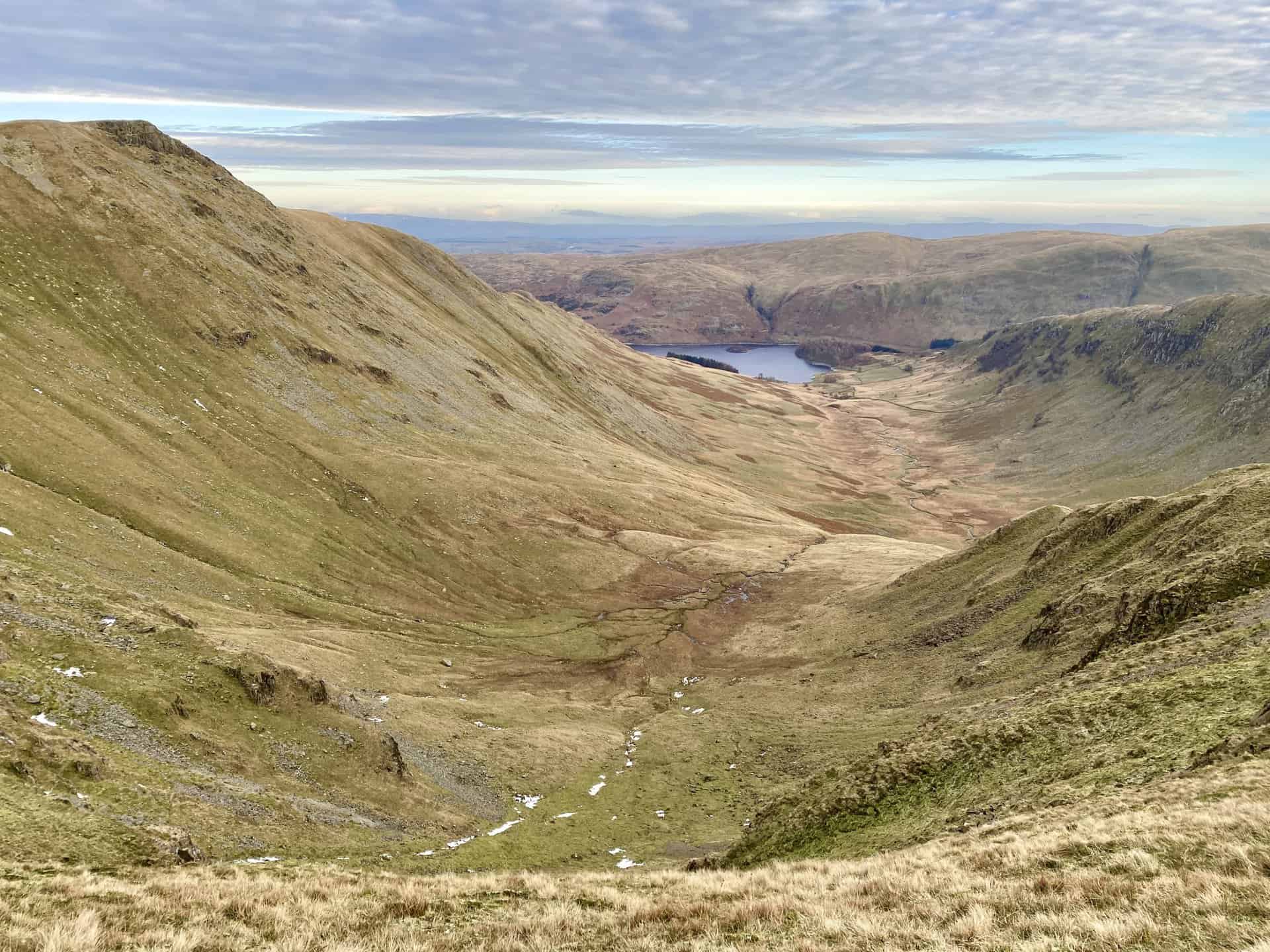 The U-shaped glacial valley which separates Kidsty Pike and Rough Crag. Short Stile protrudes into the valley and Riggindale Beck flows through it on its way to Haweswater Reservoir.