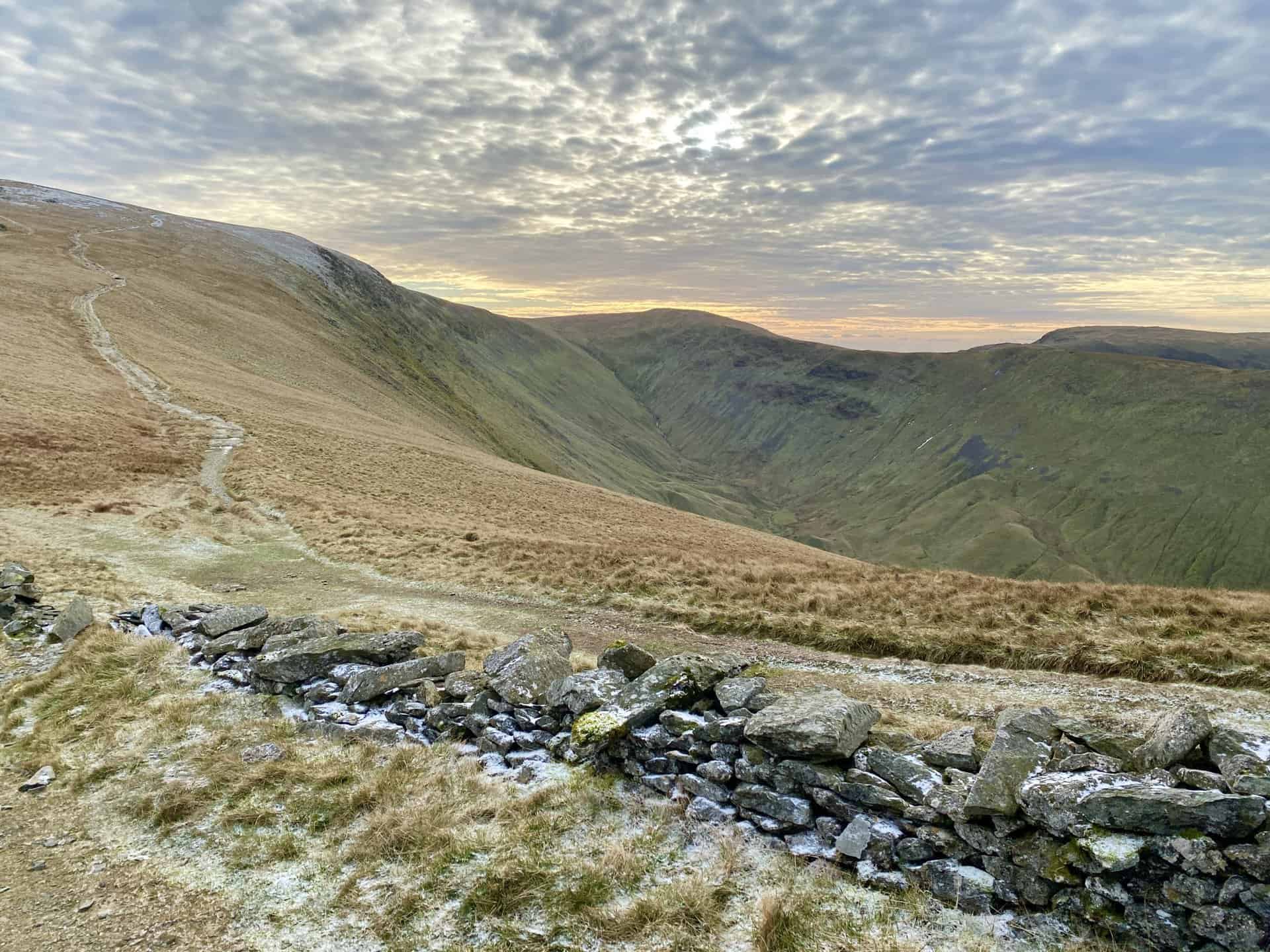 Looking back towards Thornthwaite Crag (horizon, centre) at the head of the Hayeswater Gill valley between High Street and Gray Crag.