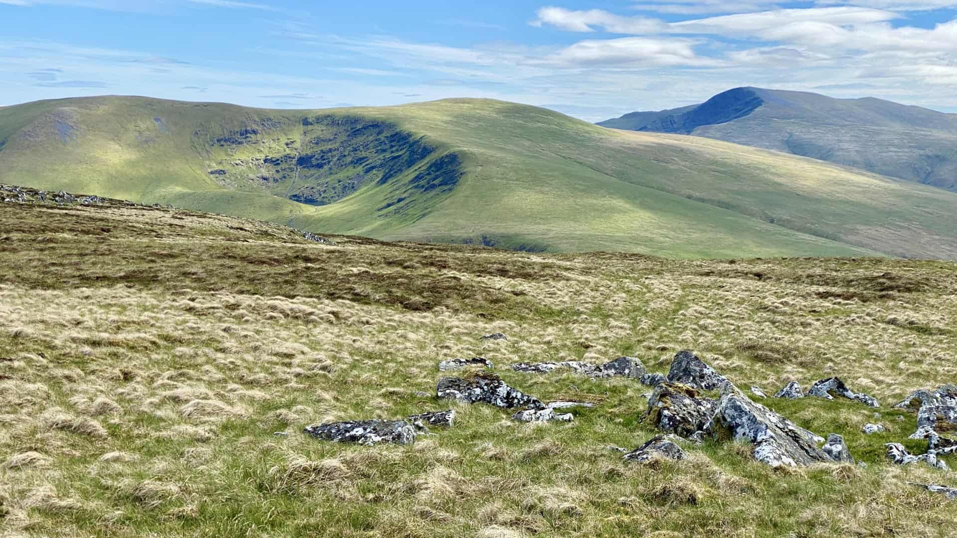 The distinctive bowl-shaped glacial landform of Tarn Crags and Bowscale Tarn.