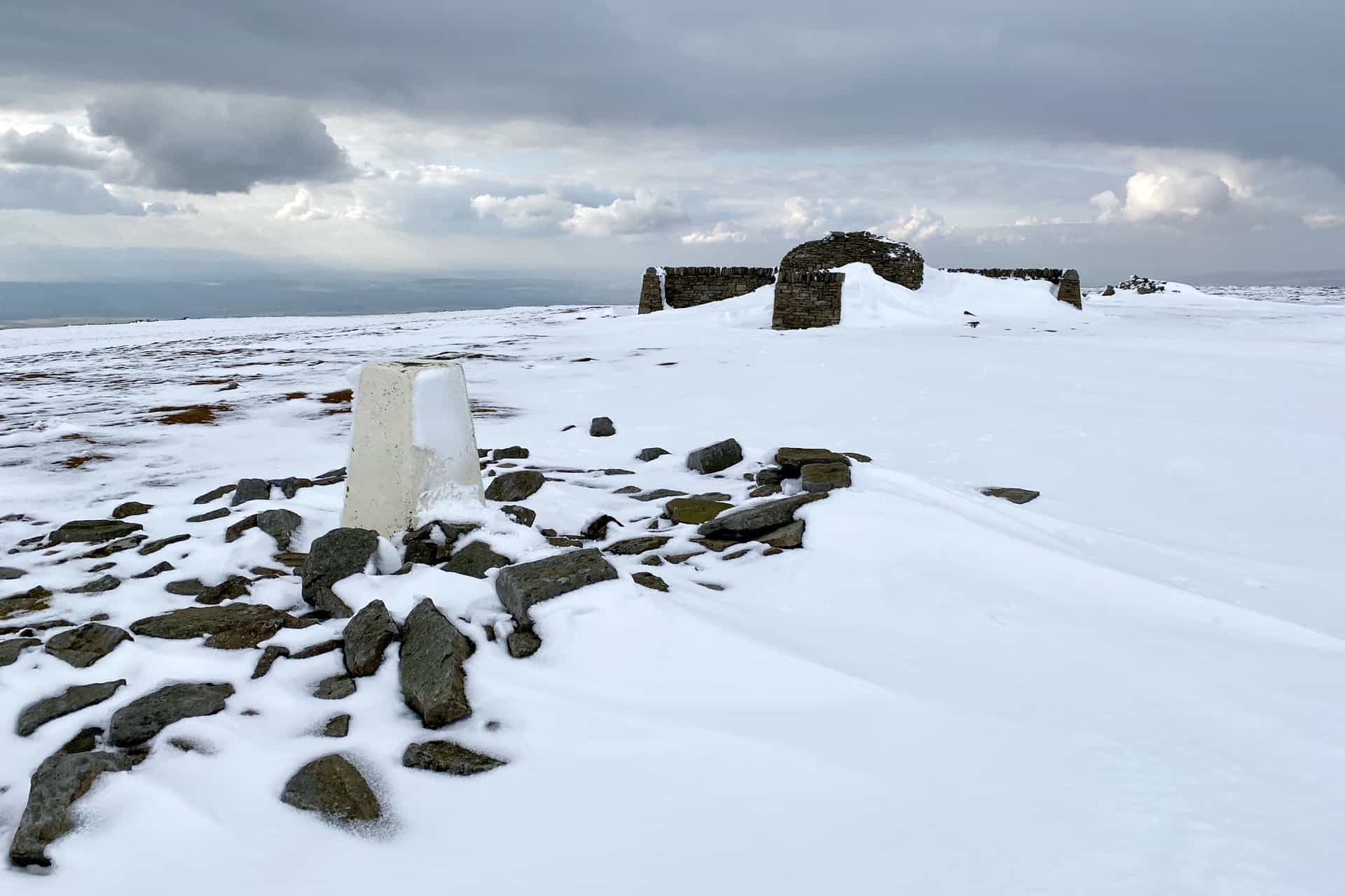 The summit of Cross Fell, height 893 metres (2930 feet). Cross Fell is the highest mountain in England outside the Lake District.