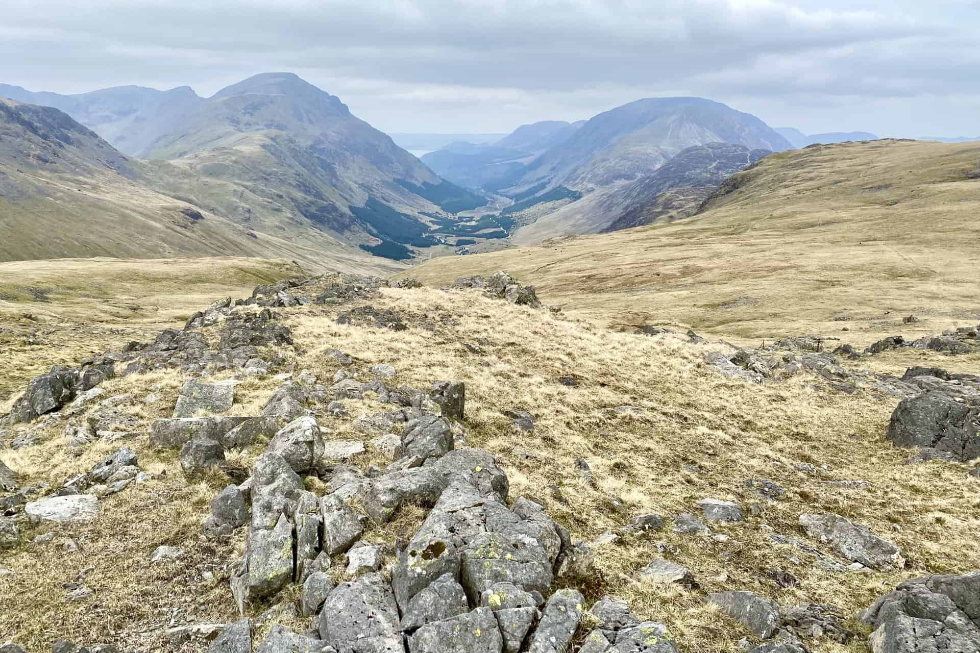 Looking north-west towards the Ennerdale valley. The River Liza flows through the valley to reach Ennerdale Water which can just be seen in the distance.