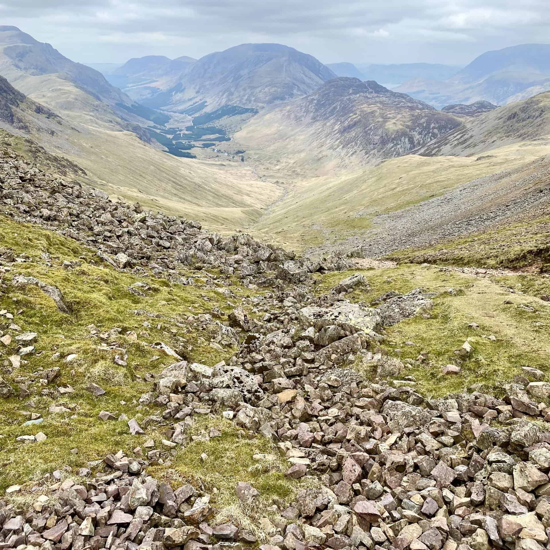 The mountain range which divides the Ennerdale valley and the Buttermere / Crummock Water valley includes, from front to back, Hay Stacks, High Crag, High Stile, Red Pike, Starling Dodd and Great Borne.