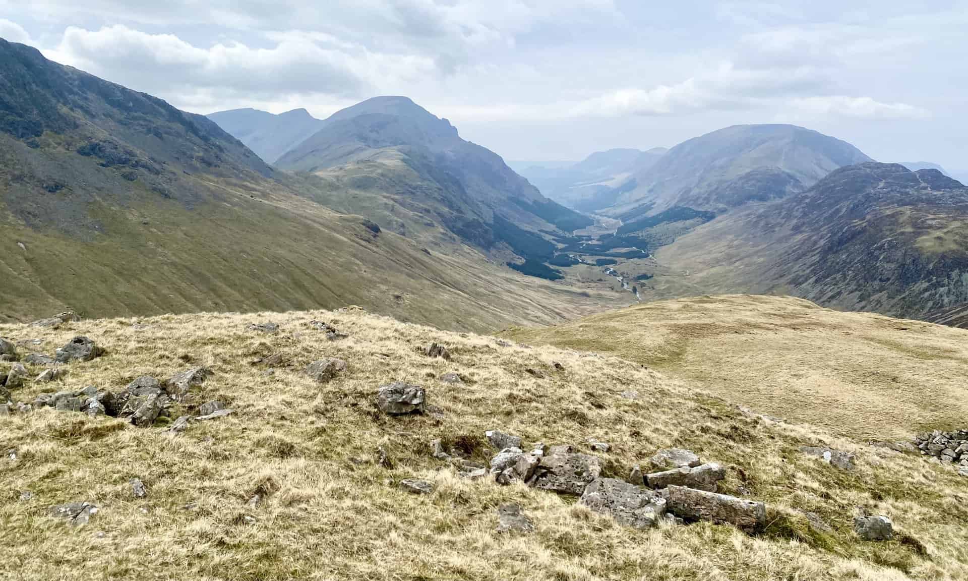 The mountain range on the southern (left) side of the Ennerdale valley includes, from front to back, Pillar, Black Crag and Scoat Fell.