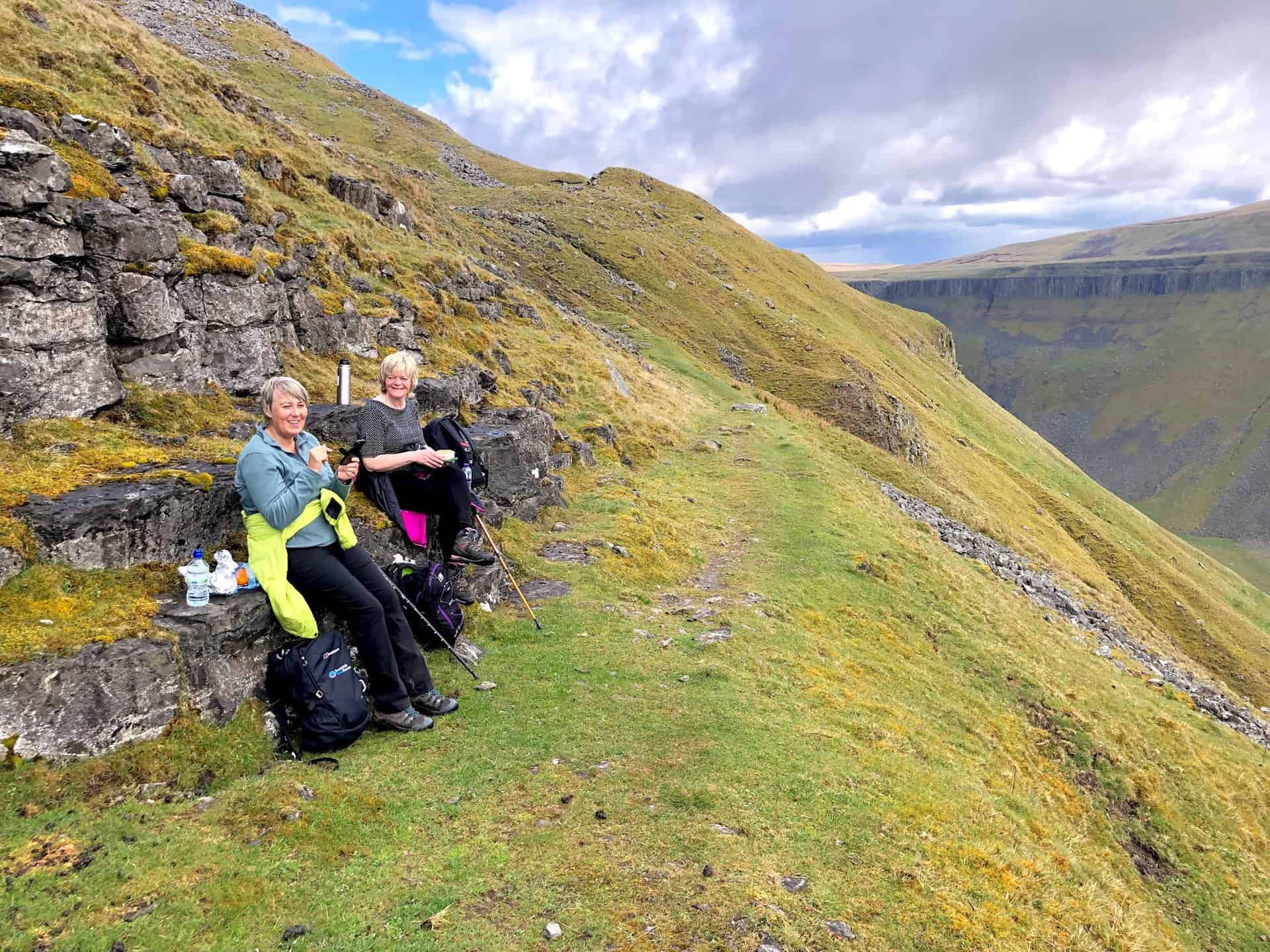 Lunch beside Narrow Gate, the path above the northern slopes of High Cup Gill.