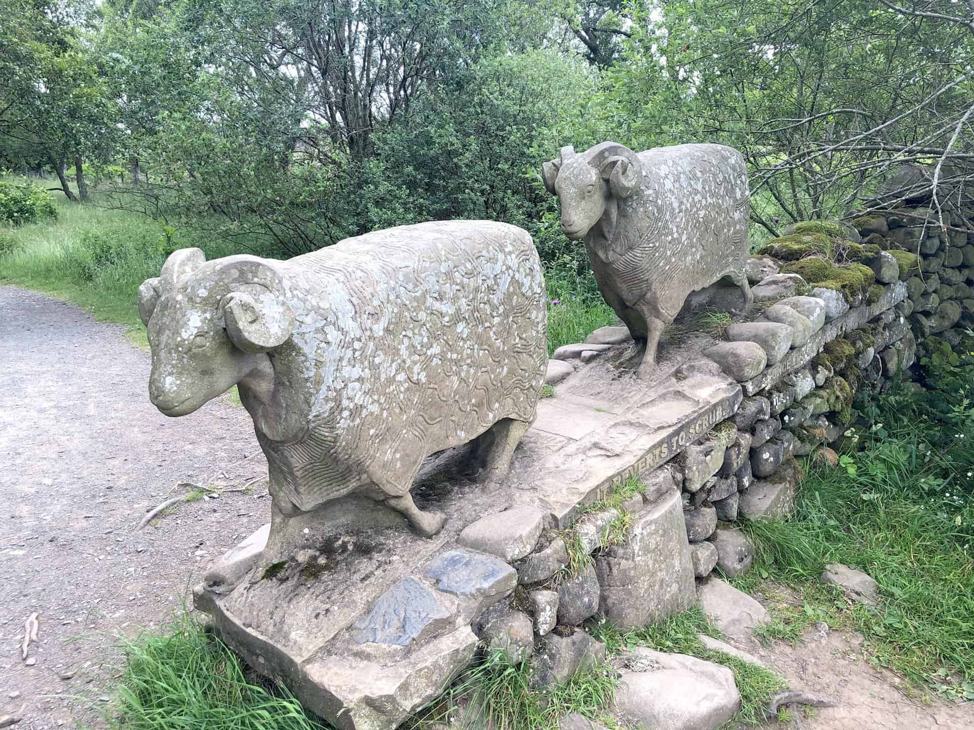 A charming pair of stone sheep near Wynch Bridge, symbolising the area's pastoral beauty. Cross the bridge to return to Bowlees, marking the end of your High Force waterfall walk.
