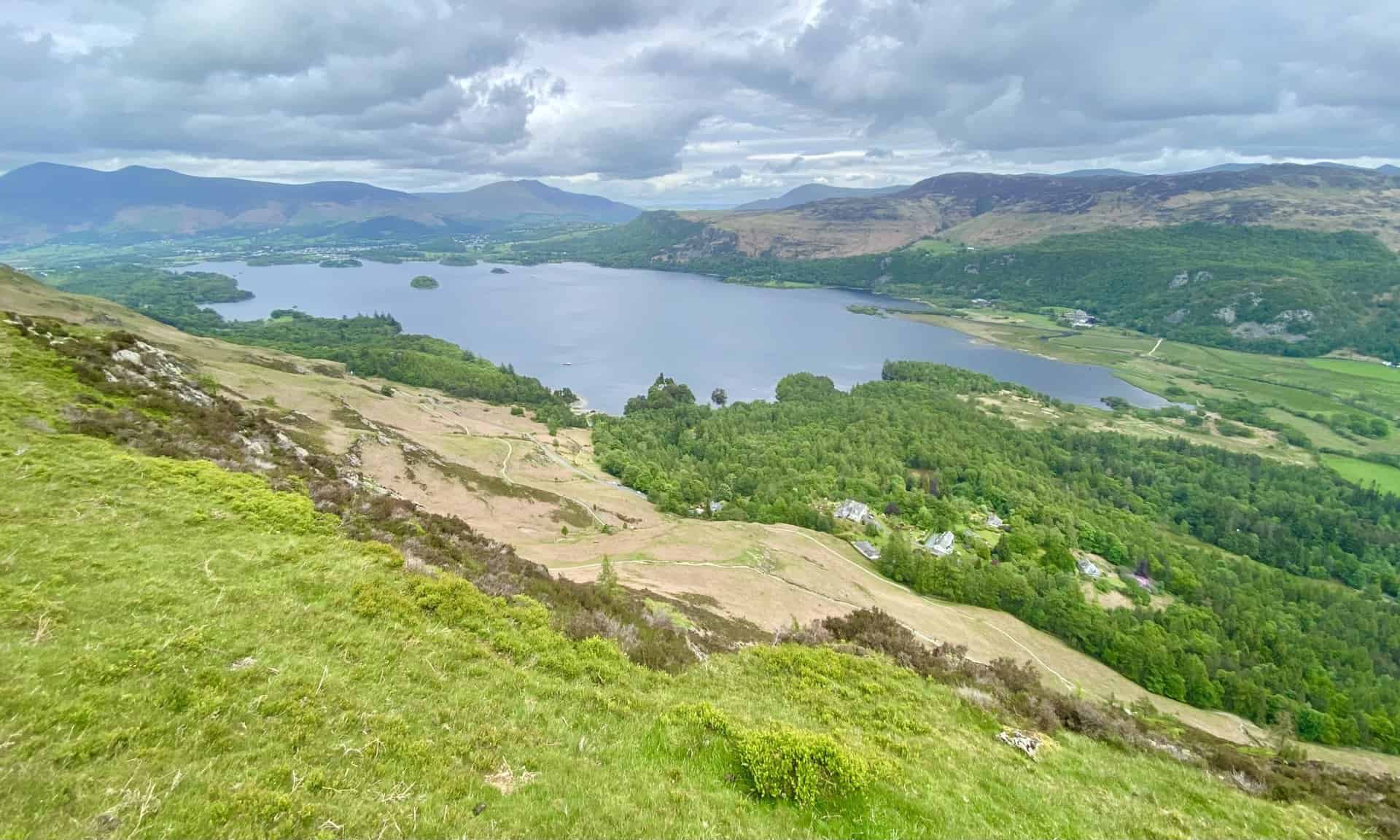 The full extent of Derwent Water. Keswick is situated on its northern shores with Skiddaw and Blencathra in the background.