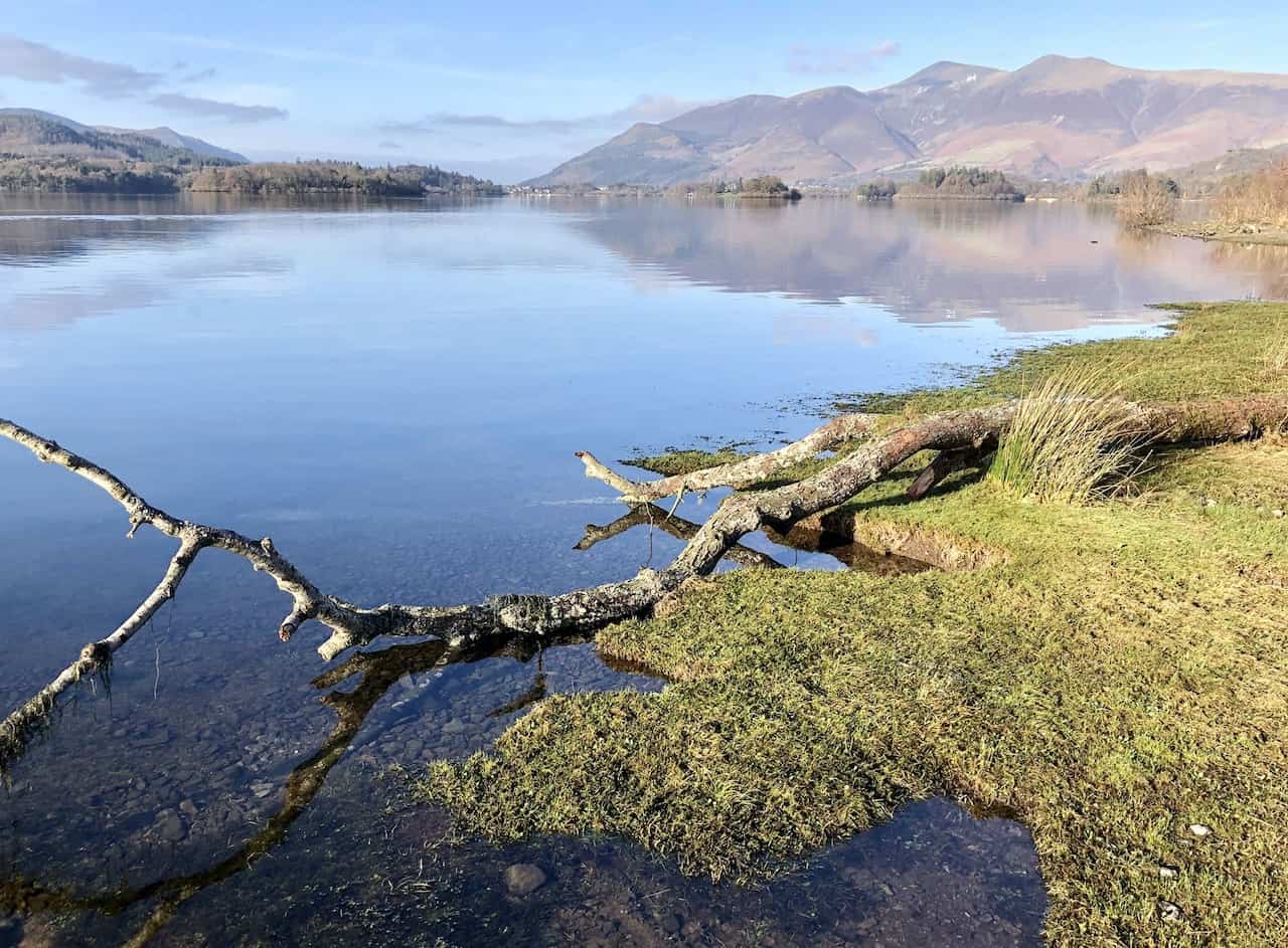 The view north from the banks of Derwent Water at Barrow Bay, showcasing the peaks of the Skiddaw mountain range in their entirety. From right to left: Lesser Man, Little Man, Skiddaw, Carl Side, Long Side, Ullock Pike, and Dodd.
