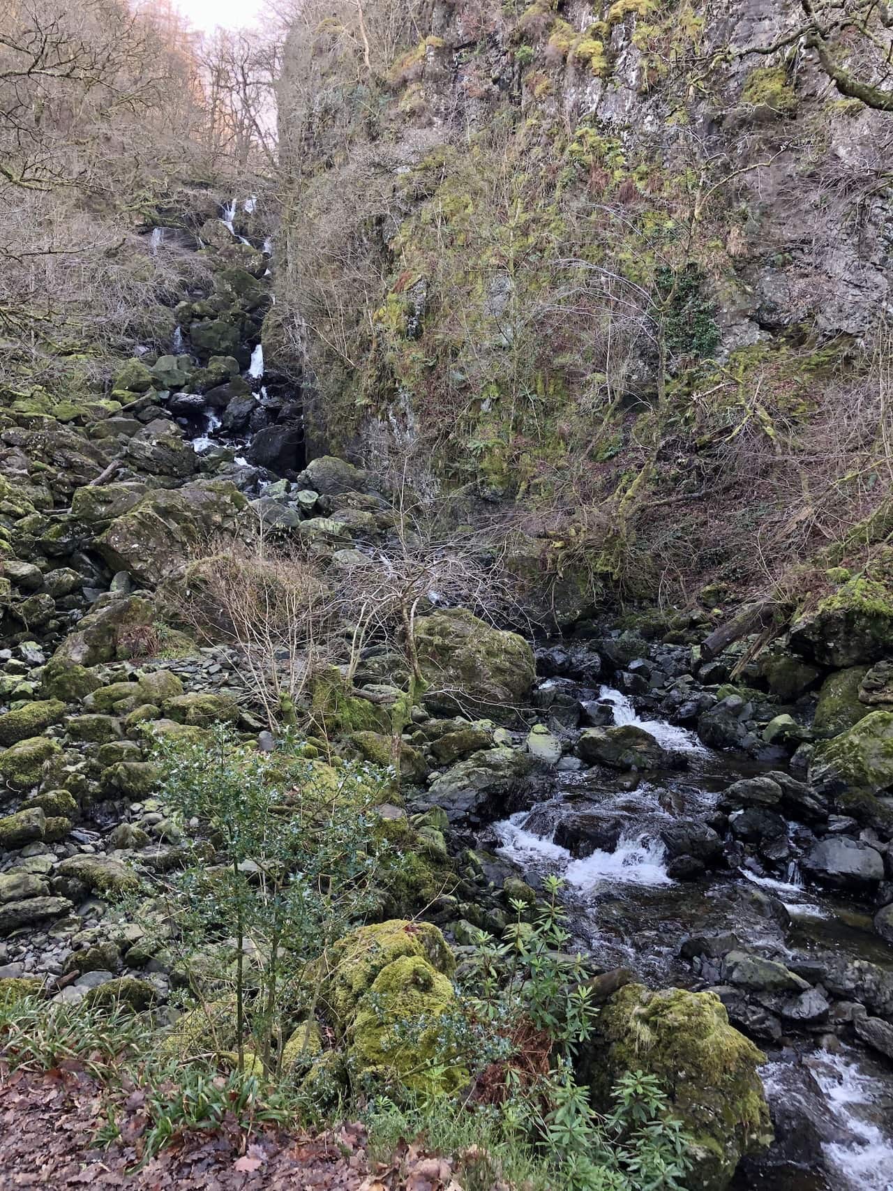 The Lodore Falls, where Watendlath Beck flows north from Watendlath Tarn and plunges more than 30 metres into the Borrowdale valley, just behind the Lodore Falls Hotel. This stunning waterfall is a notable feature on the Derwent Water circular walk.