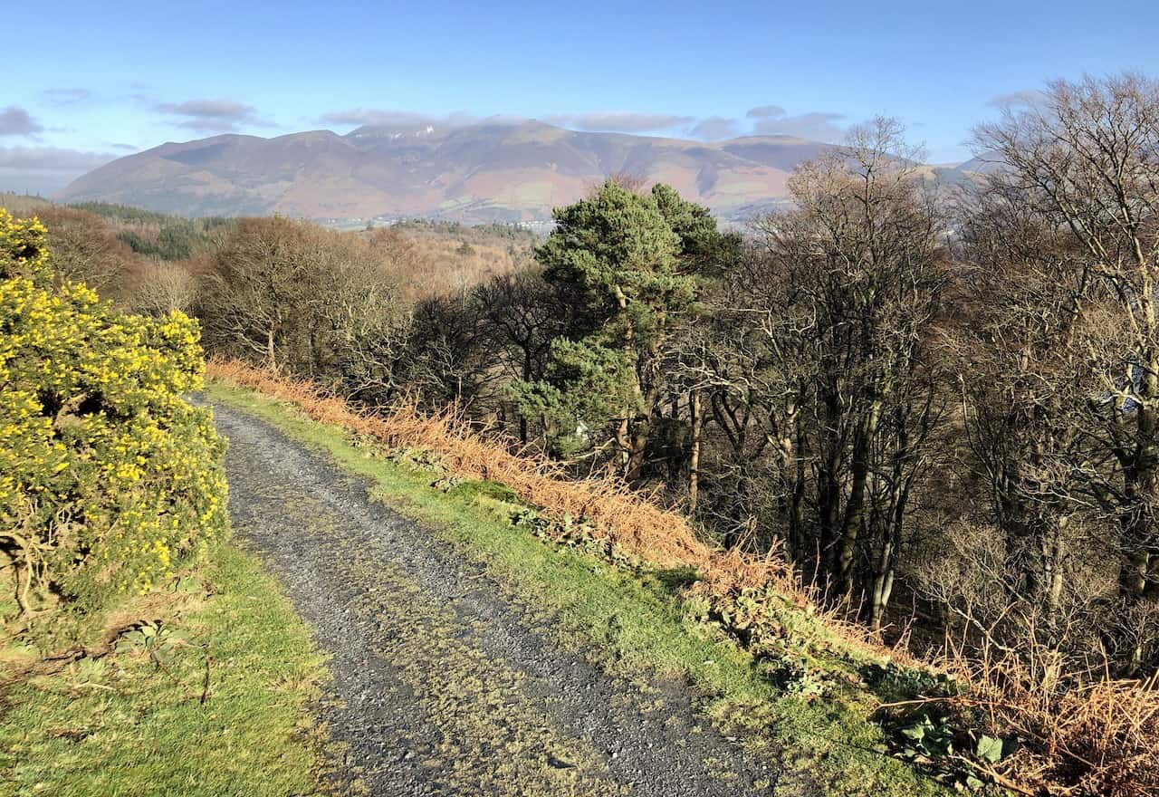 The view north towards the Skiddaw range of mountains from the bottom of Skelgill Bank, a breathtaking sight that draws many to explore the area.