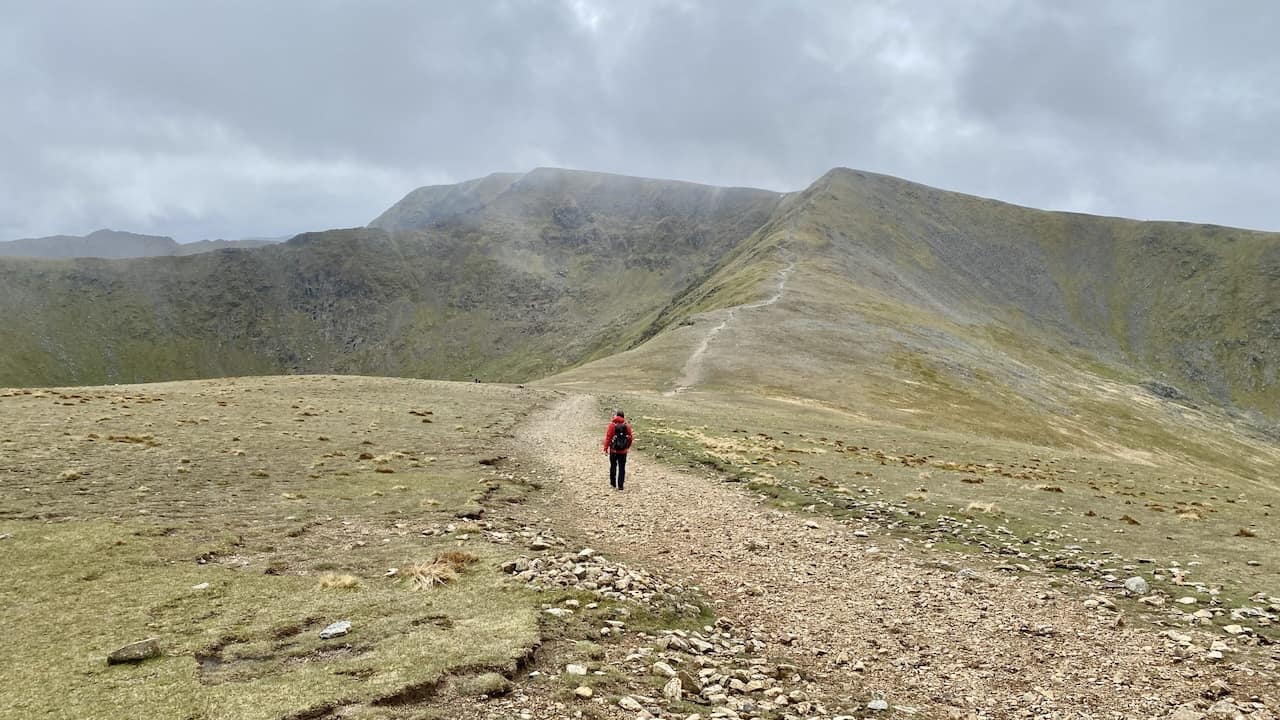 The path from the summit of White Side to Lower Man and Helvellyn. One-third of the way around this Helvellyn circular walk.