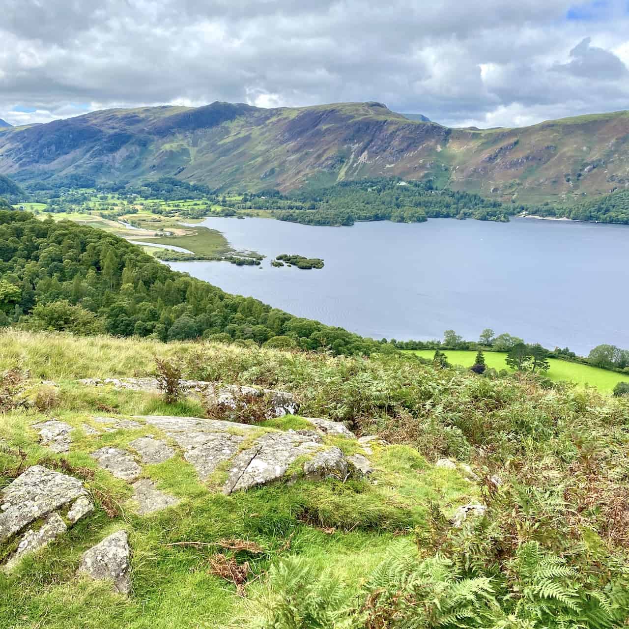 The view south-west from Brown Knotts across the southern half of Derwent Water. The woodland of Manesty Park sits below the steep slopes of Cat Bells and Maiden Moor.