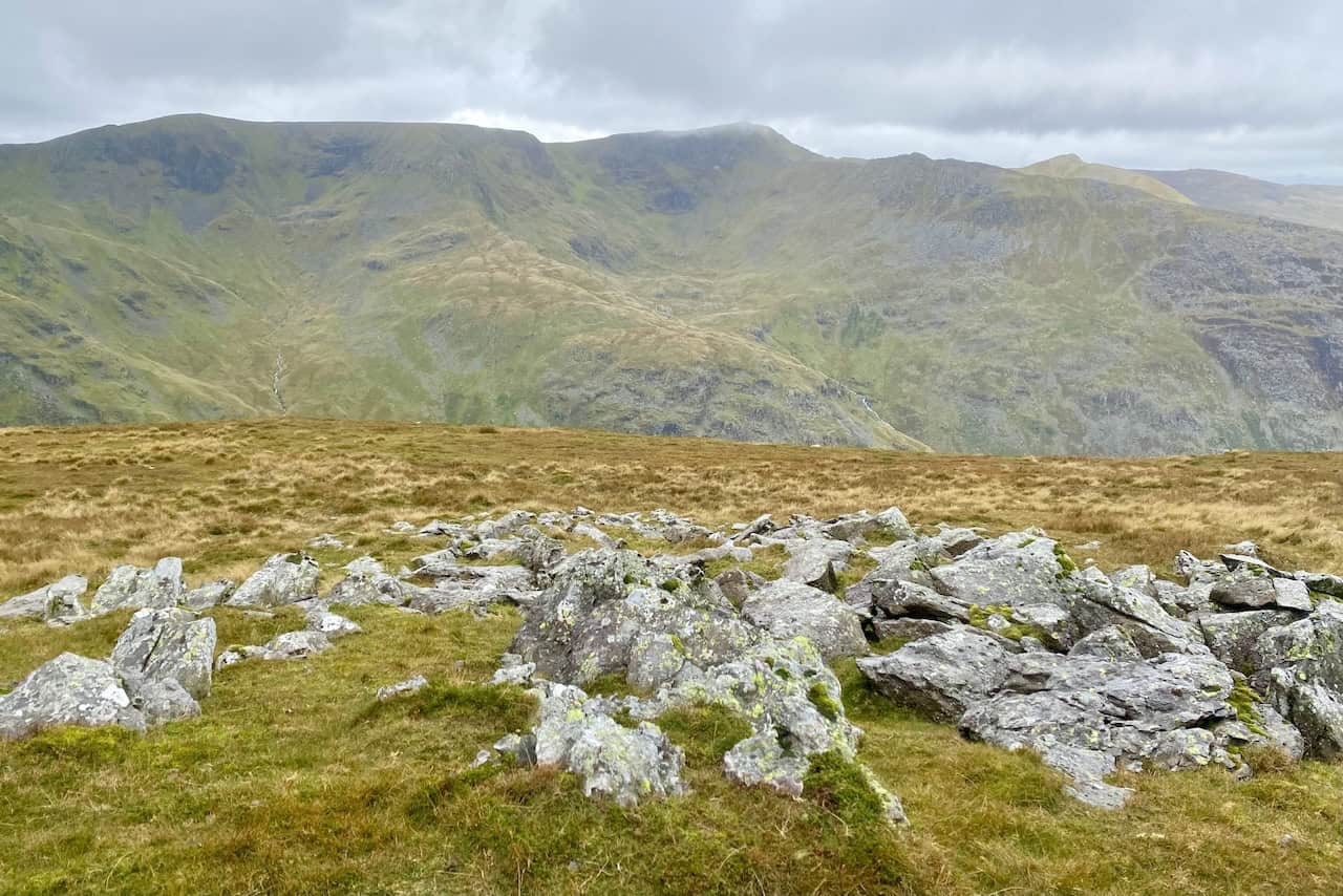 The summit of St Sunday Crag, height 841 metres (2759 feet), with Nethermost Pike and Helvellyn in the background. We're about one-third of the way round our Deepdale Horseshoe walk.