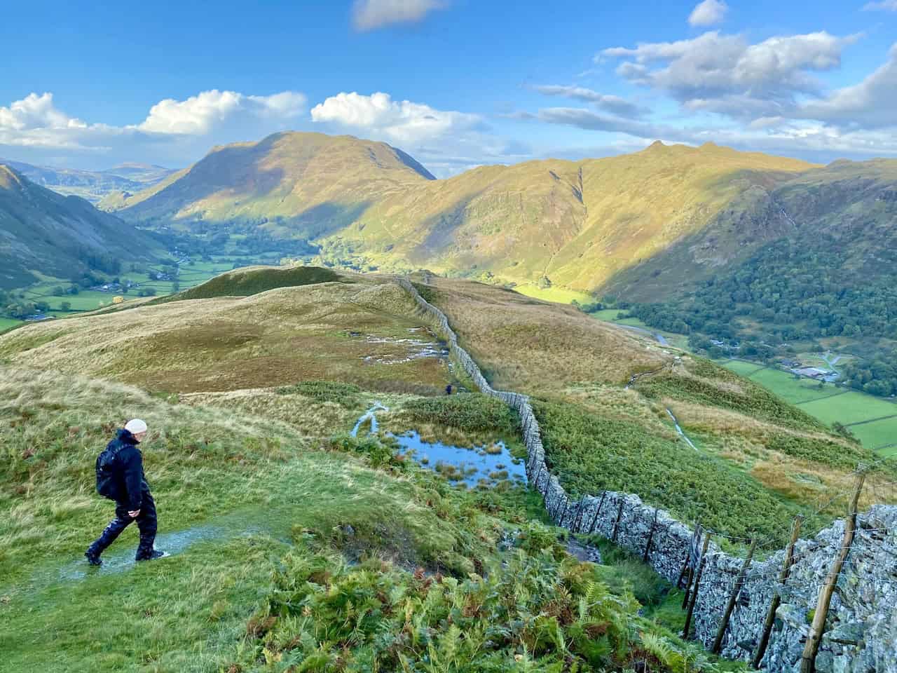 The route from Hartsop above How to Deepdale Bridge generally follows the dry stone wall and affords amazing views of the Place Fell / Angletarn Pikes / Brock Crags range of hills.