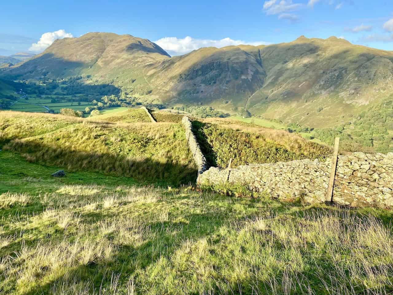 The route from Hartsop above How to Deepdale Bridge generally follows the dry stone wall and affords amazing views of the Place Fell / Angletarn Pikes / Brock Crags range of hills.