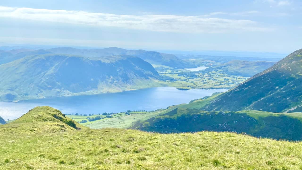 The view of Crummock Water, backed by Mellbreak, from Whiteless Pike.
