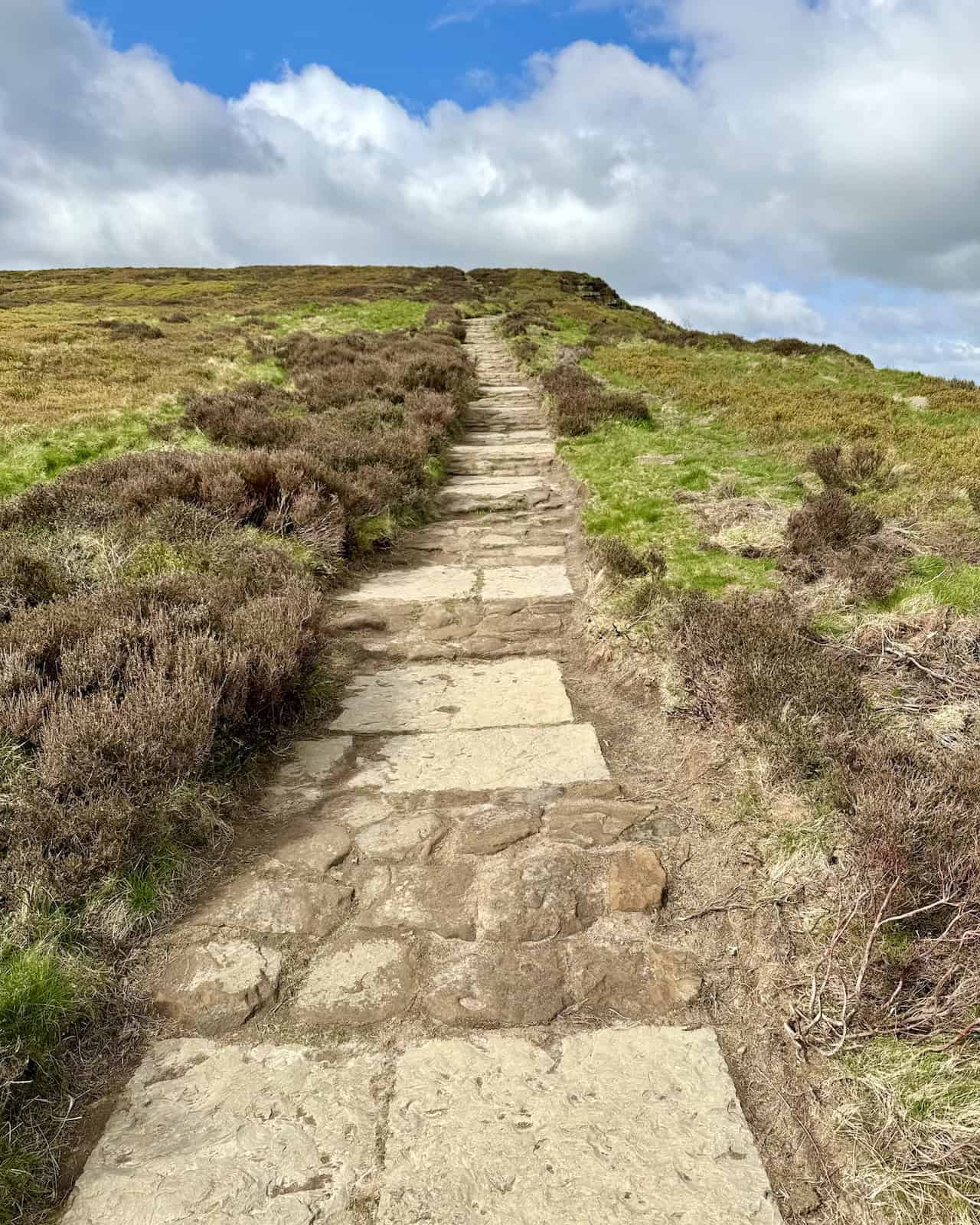 After the ascent, the path across the top of Kirby Bank is well-paved with large flagstones, making it easy to walk along. We continue following the Cleveland Way west. The Cleveland Way skirts the northern side of the true summit of Cringle Moor, known as Drake Howe, which stands at 432 metres (1417 feet).