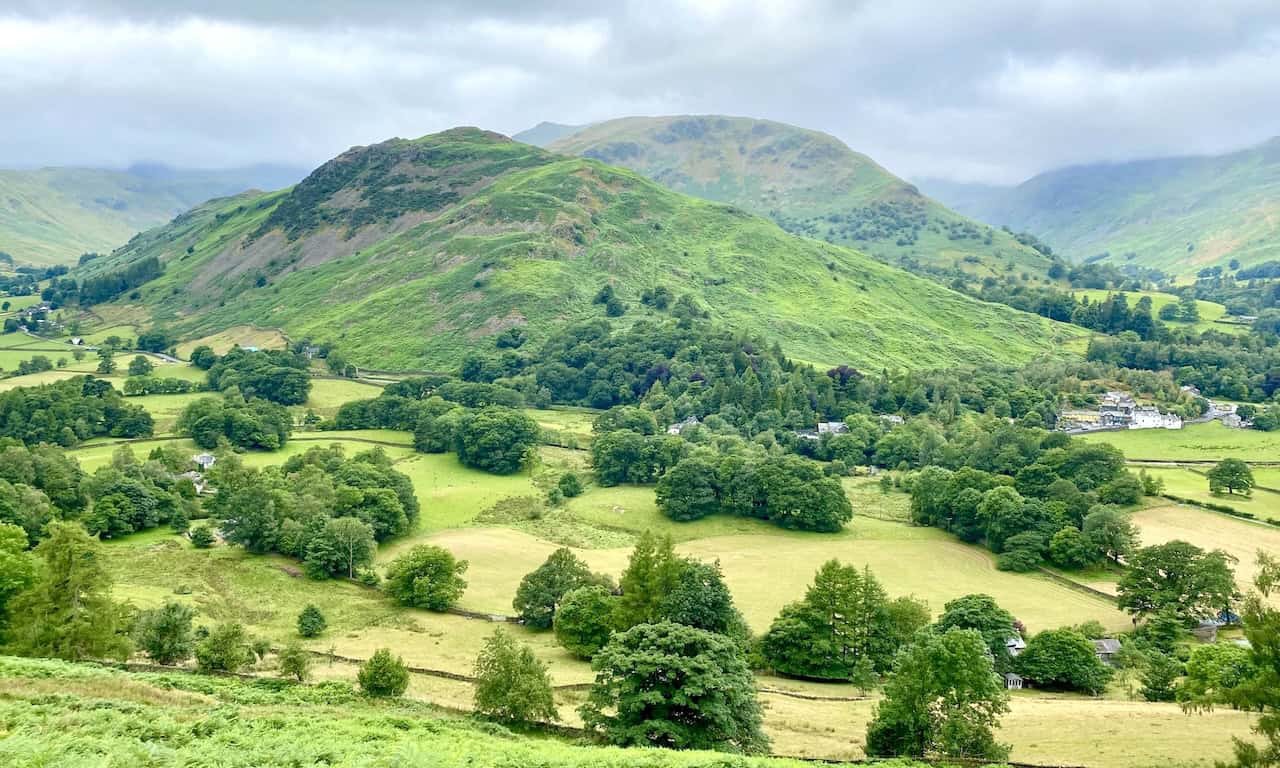 The view across the valley floor at Patterdale towards the hills of Glenamara Park.