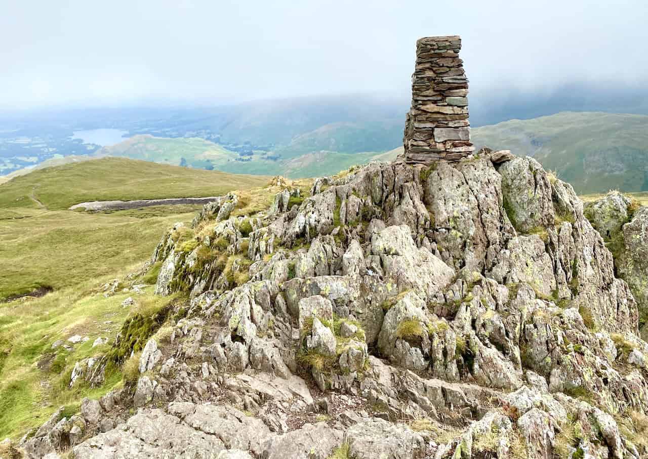 Triangulation pillar on Place Fell summit, height 657 metres (2156 feet).