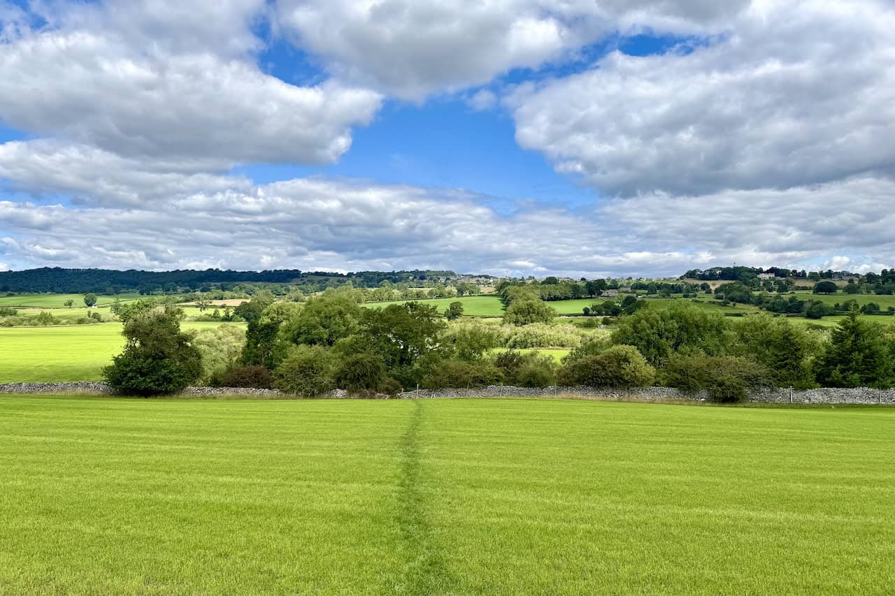 A wide green field offers distant views of Leyburn during the Tupgill Park walk.
