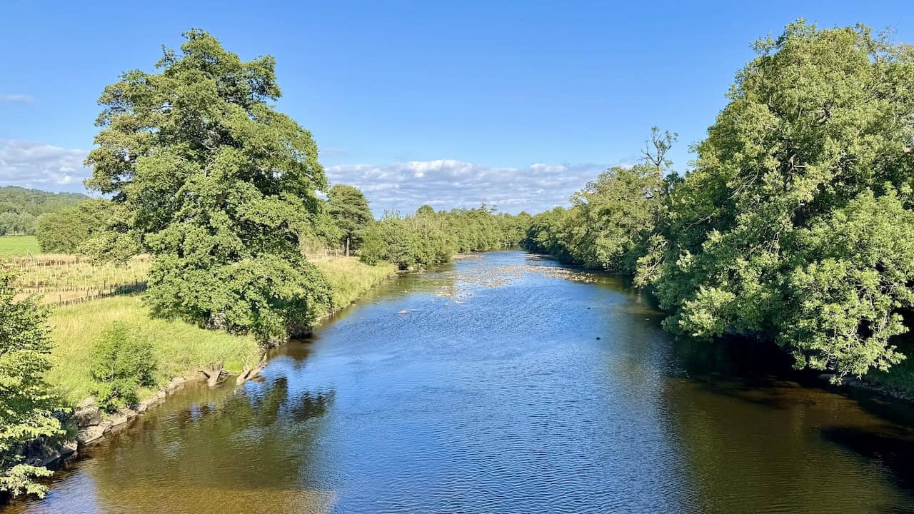 The river flows east through woodland and meadows dotted with pale rocks.
