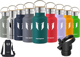 The Super Sparrow stainless steel water bottle keeps drinks cold for 12 hours or hot for several. With a straw lid, bamboo cap, BPA-free construction, and durable 18/8 steel, it is ideal for sport, travel, work, and outdoor use.