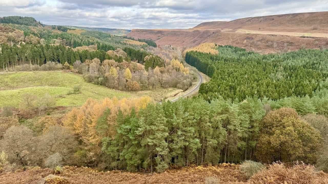 Moorland paths and views towards Skelton Tower on the Hole of Horcum walk.